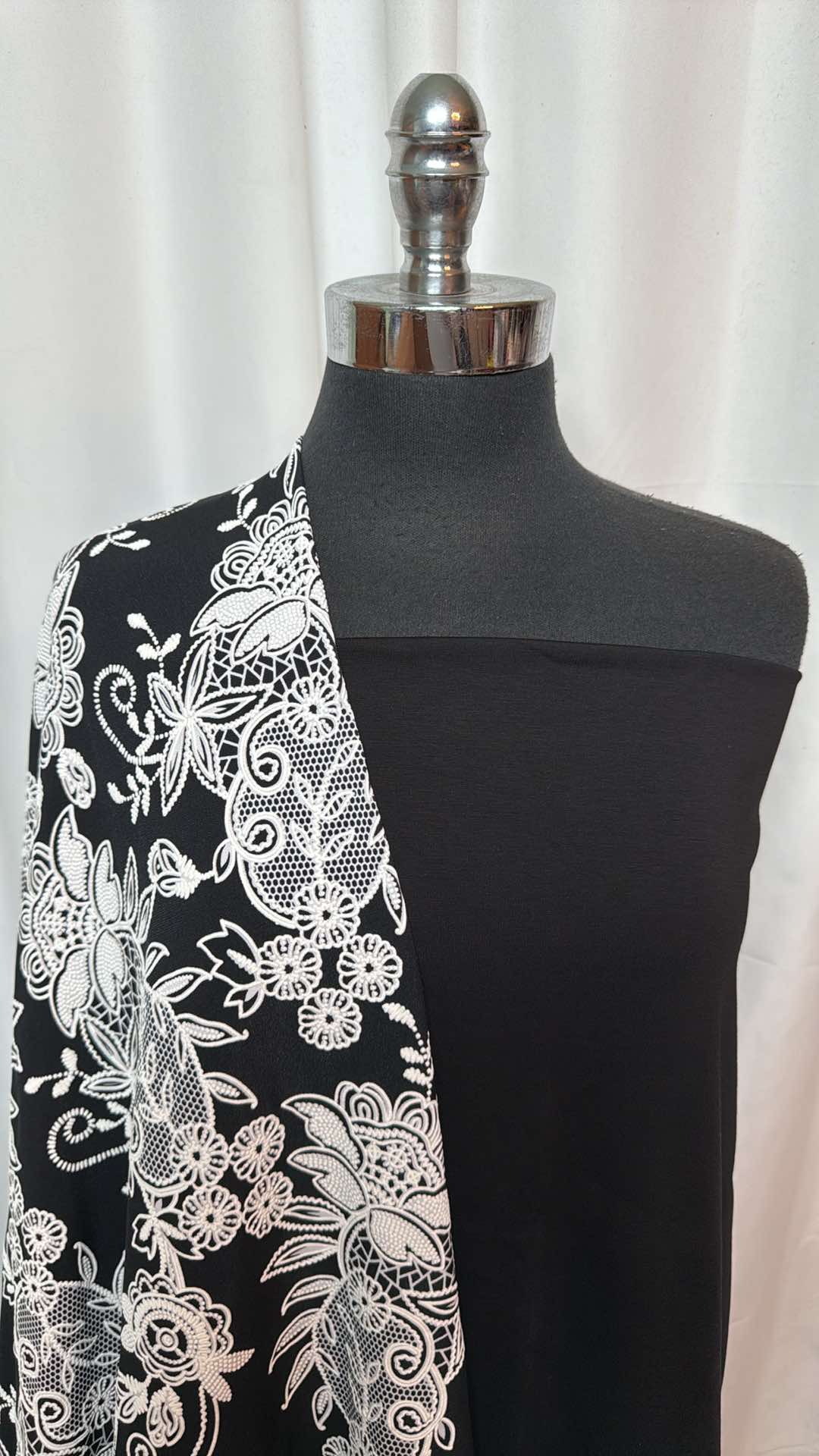 BLACK/WHITE LACE-LOOK BUNDLE : 2YD Black Cotton Ponte & 2.5YD Black/White Lace-Look ITY w/Puff : A26815