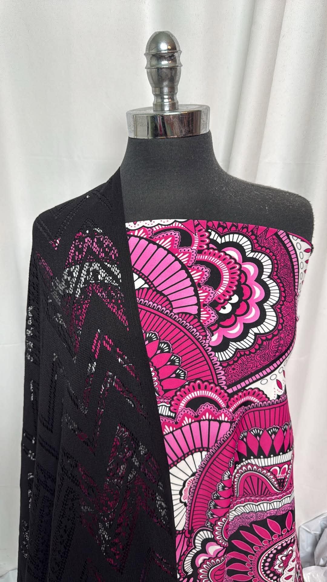 PINK GEO FLORAL/BLACK LACE BUNDLE : 2YD Pink Black Geo/Floral N/S Swim & 2YD Black Chevron Lace : A30686