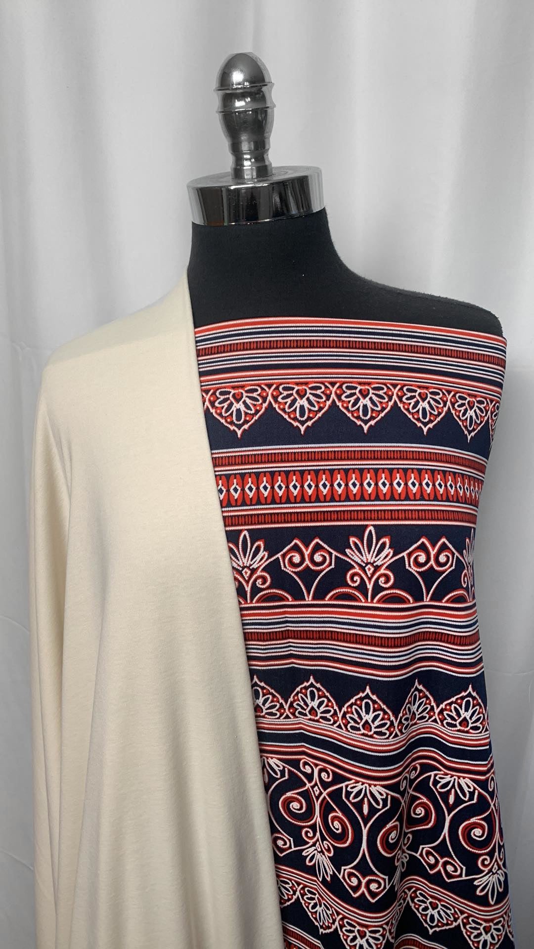 INTRICATE LINES BUNDLE : 3.5YD Navy/Red Scuba w/Textured Print & 2YD Cream Combed Cotton 1x1 Rib : A0957