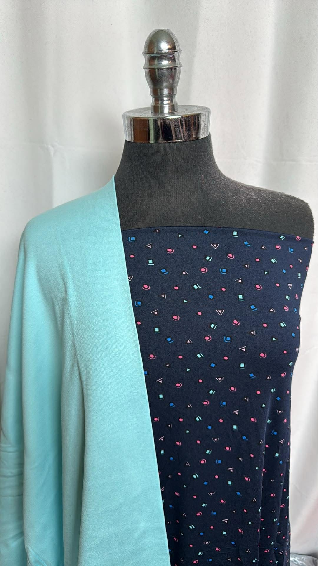 NAVY SHAPES/AQUA BUNDLE : 3YD Navy Shapes ITY & 1.5YD Light Aqua Nylon Ponte : A29989