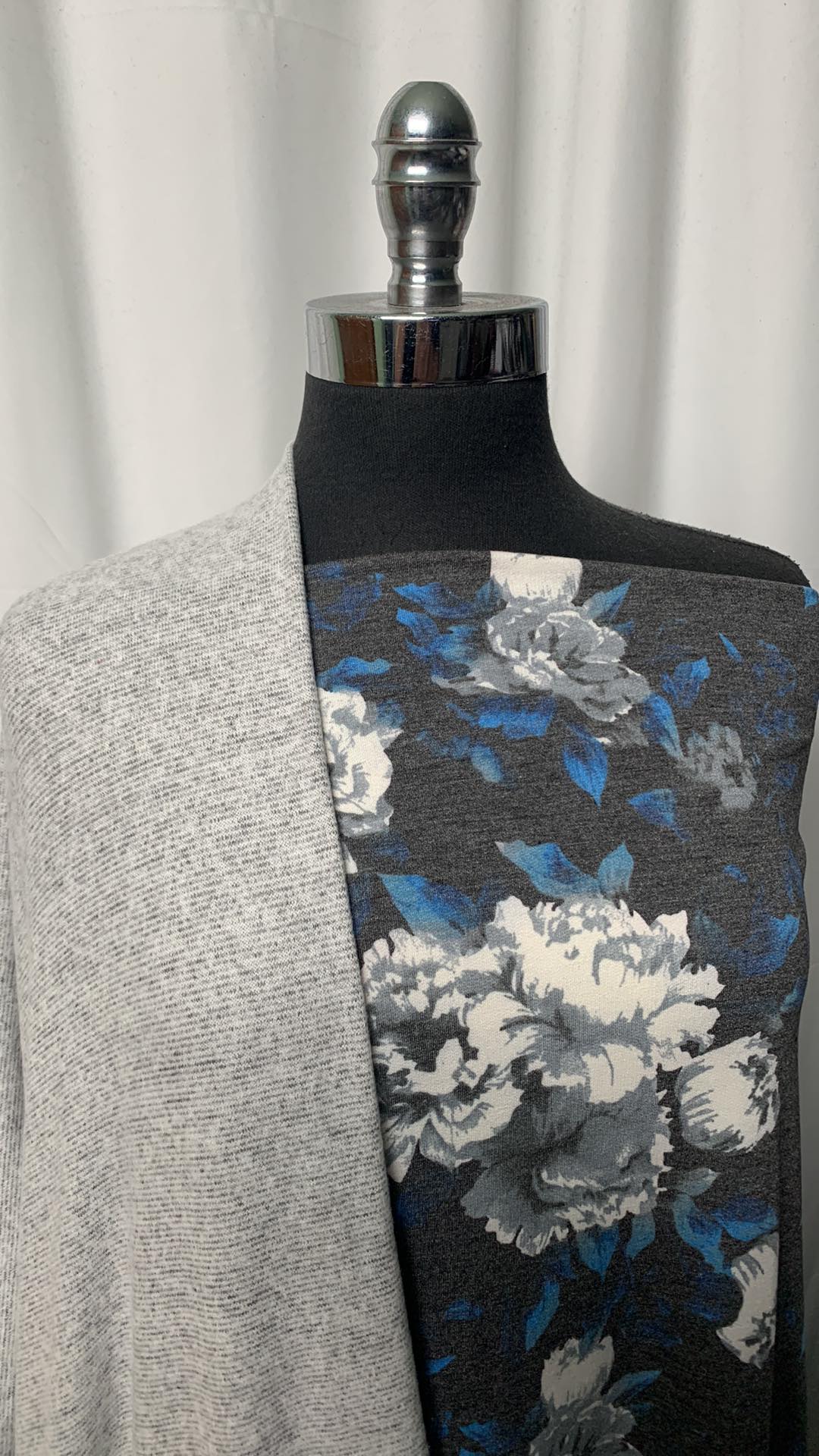 GREY/BLUE FLORAL BUNDLE : 2YD Charcoal/Blue Floral PRS FT & 2YD Heather Grey Brushed Hacci SK : A1922