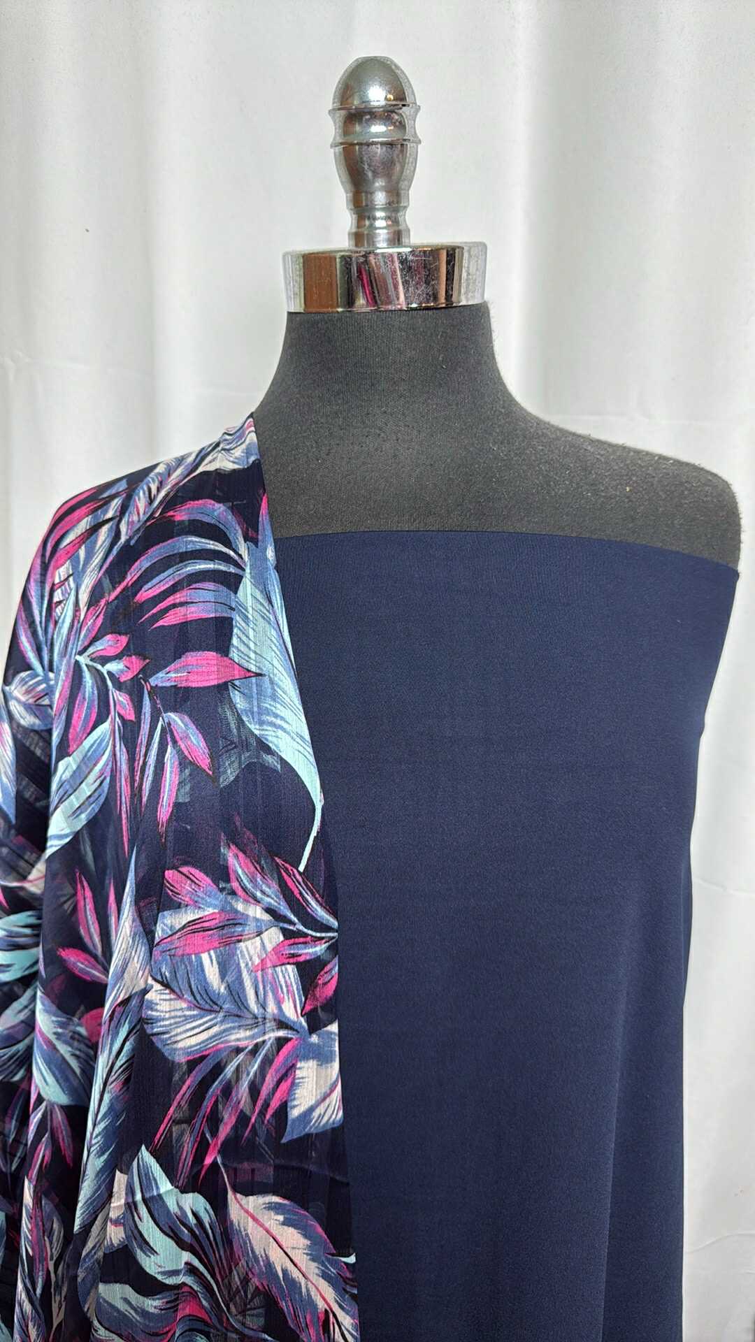 NAVY/FLORAL CHIFFON BUNDLE : 3YD Navy Yoga PF & 3YD Floral Satin Stripe Chiffon : A29023