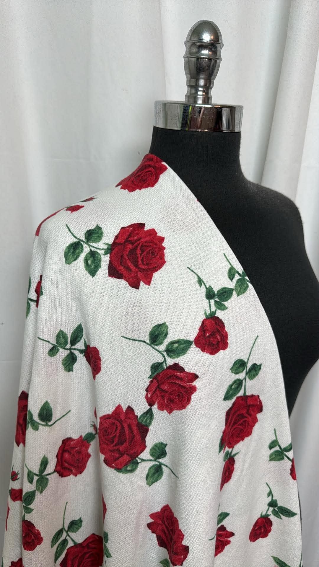 Ivory/Red Roses - Cotton/Poly French Terry - By the Yard