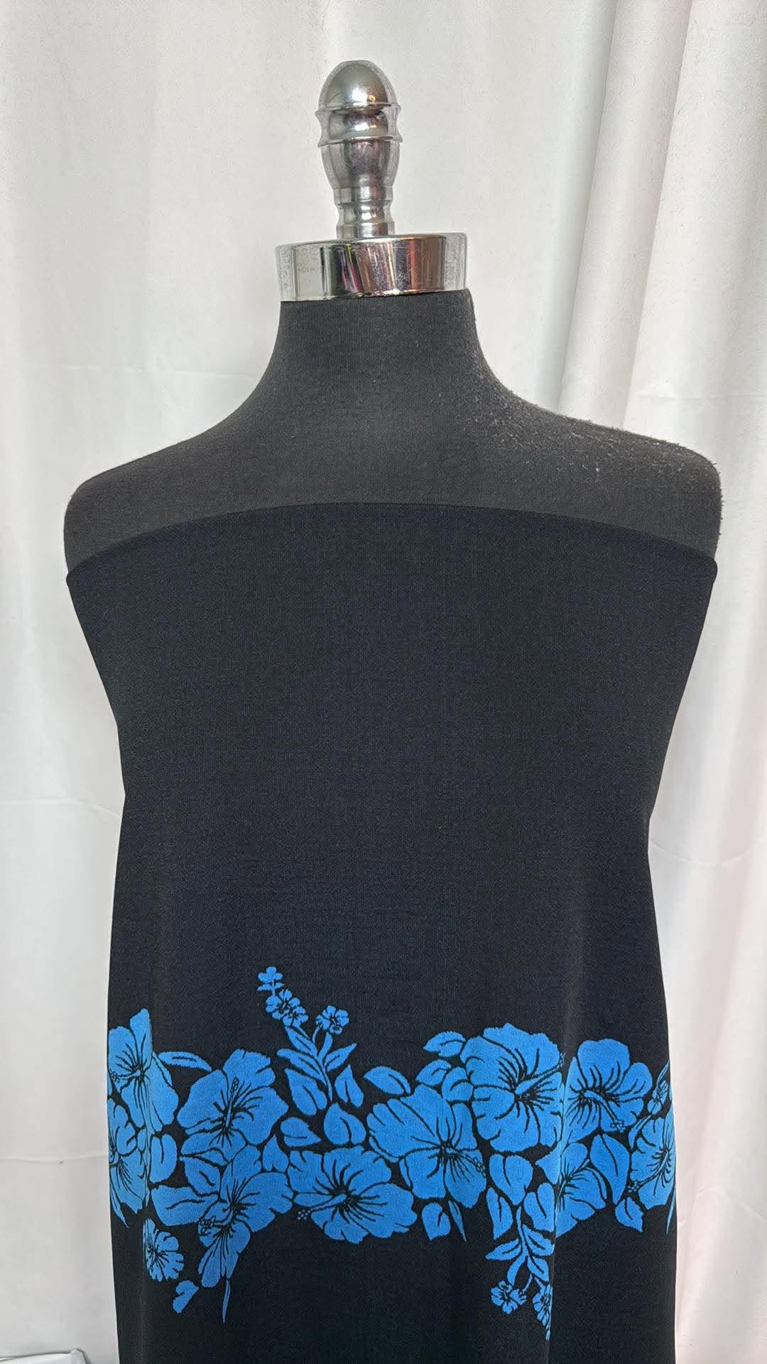 Black/Blue Flower Bands - Poly/Spandex Jacquard Double Knit - 2 Yard Cut