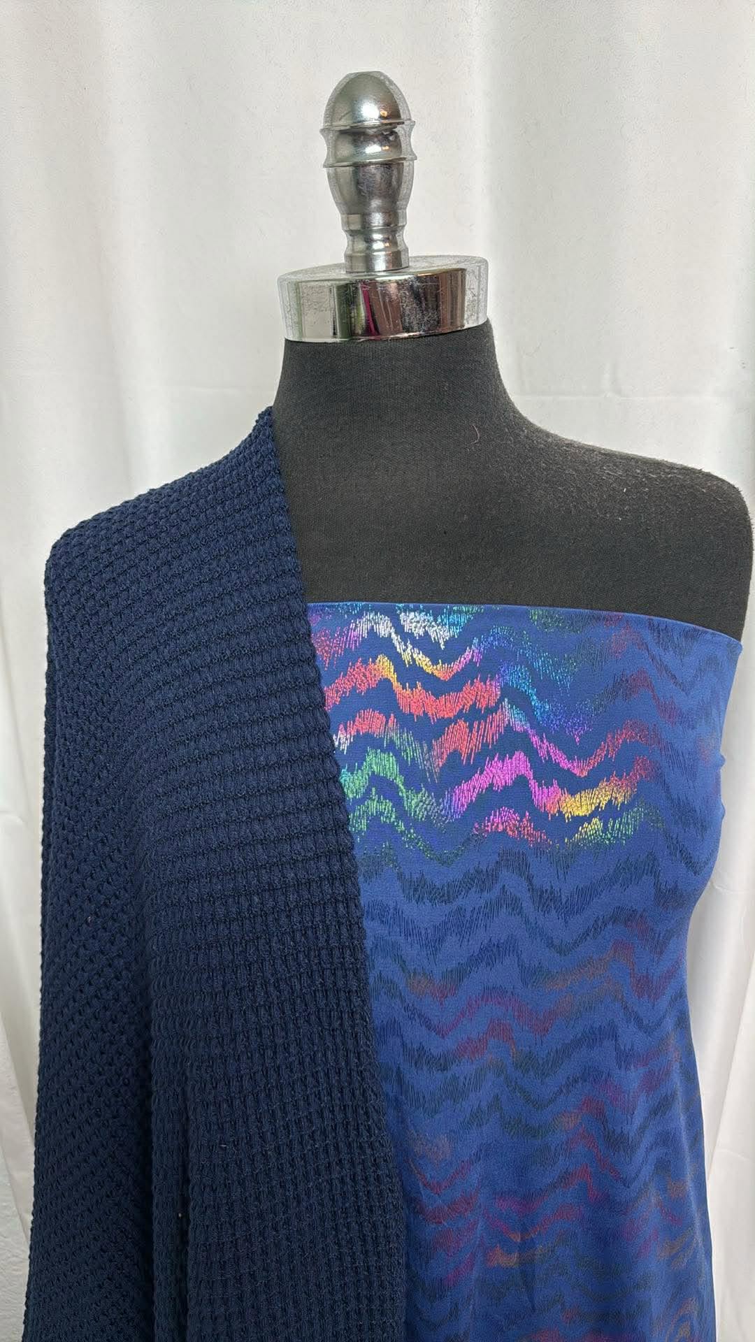 RAINBOW/NAVY PUCKER WAFFLE BUNDLE : 2YD Rainbow Foil ITY & 2YD Navy Pucker Waffle : A30183