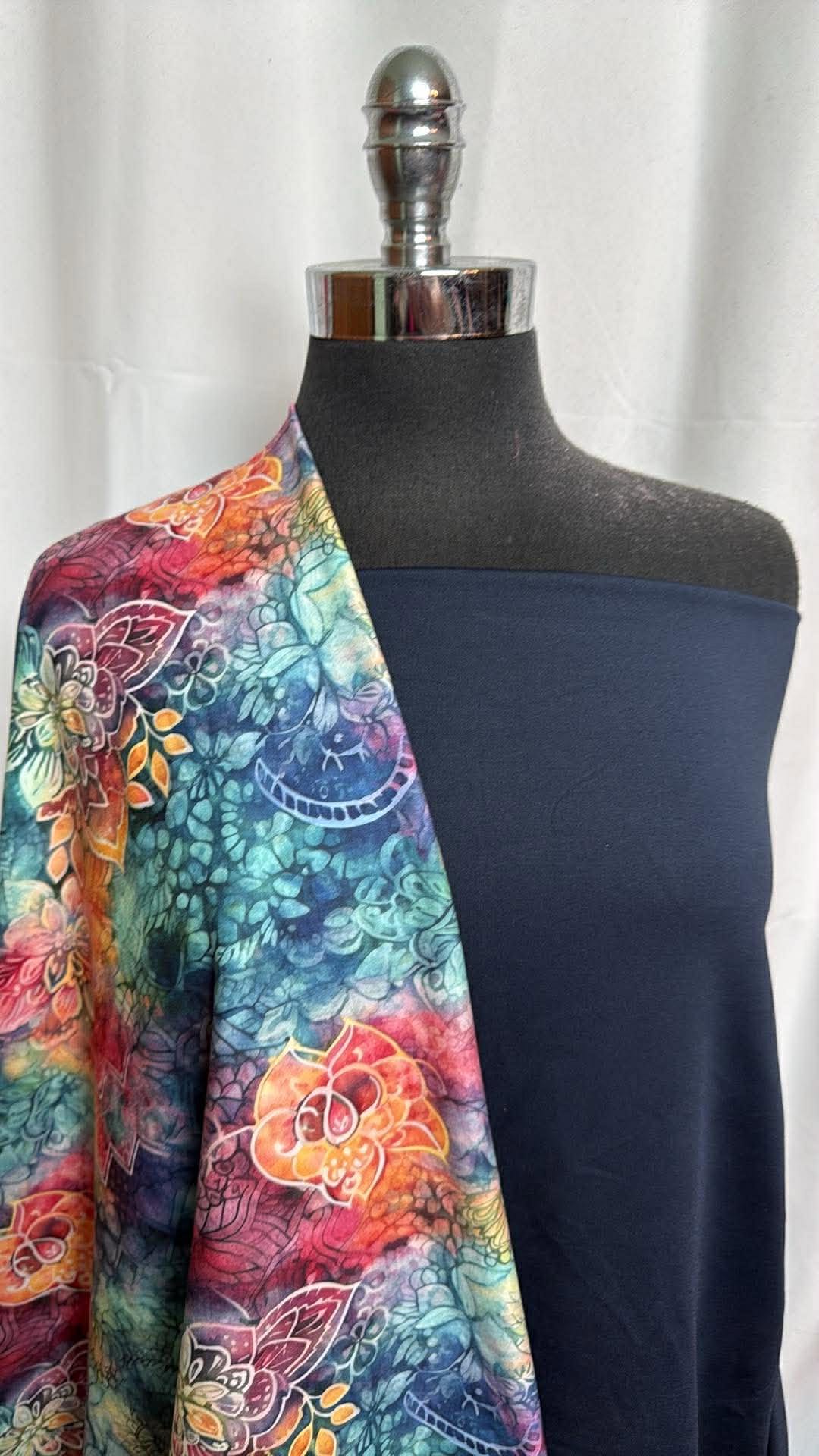 NAVY/PAINTED LOTUS BUNDLE : 2YD Navy Supplex & 30" Cut of Painted Lotus Batik Peached PF : A29960