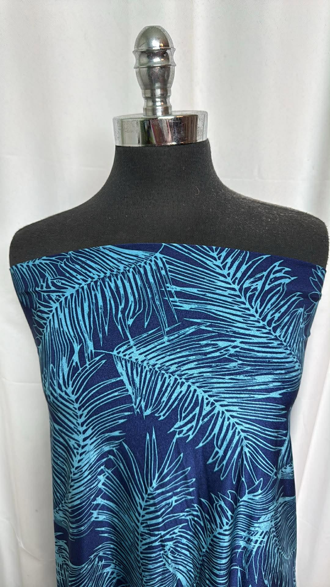 Navy/Turquoise Leaves - Designer Nylon/Spandex Swim - 1 Yard Cut