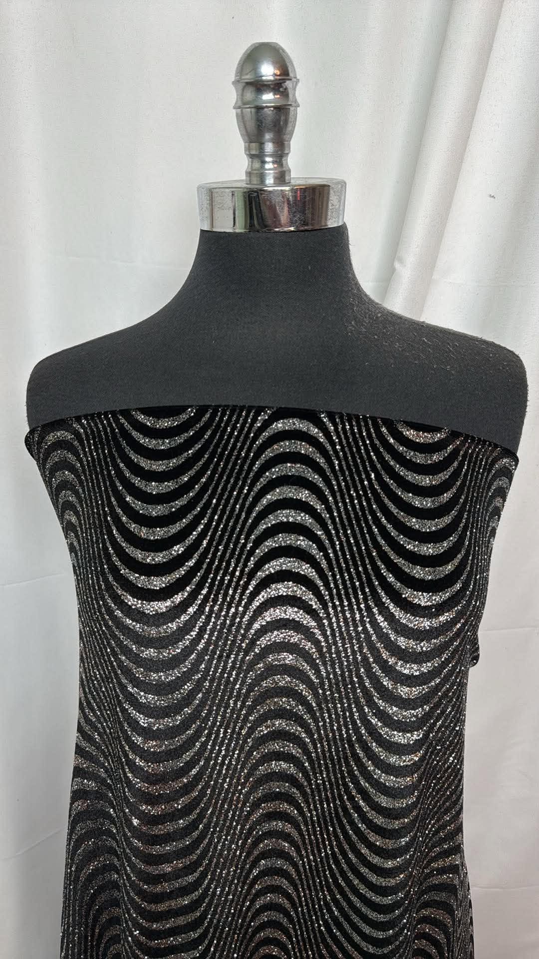 Black with Silver Glitter Waves - Stretch Velvet - 2 Yard Cut
