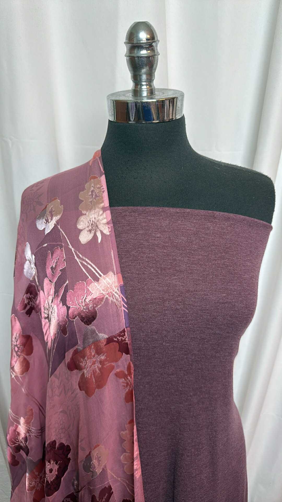 PLUM/FLORAL BUNDLE : 2YD Plum Cotton 1x1 Rib & 3YD Floral Silk Chiffon/Satin (44" Wide) : A27802