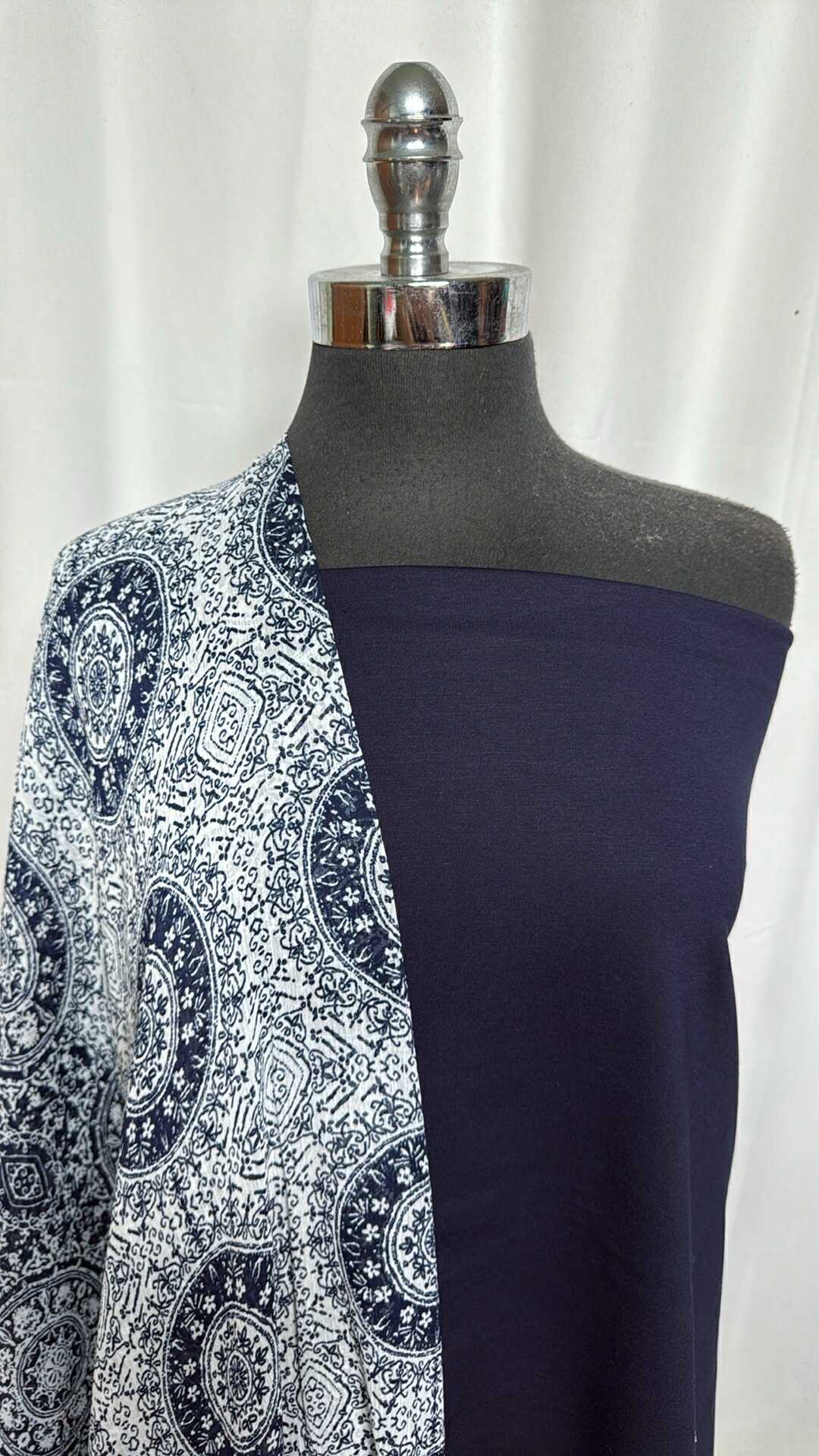 NAVY/MANDALA BUNDLE : 2YD Navy Nylon Ponte & 2YD Mandala Crinkle Chiffon : A29249