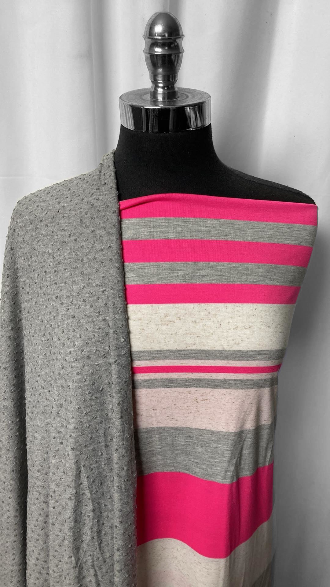 PINK GREY STRIPE/DOT BUNDLE : 2YD Pink/Grey Stripe Linen/Poly/Rayon & 2YD Grey Swiss Dot : A25124