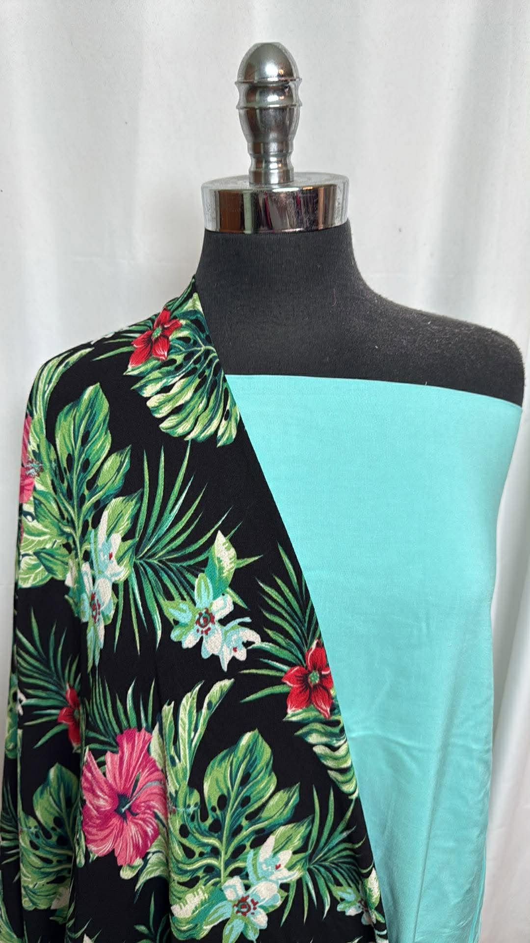 AQUA/BLACK TROPICAL BUNDLE : 2YD Black Tropical Bubble Crepe & 2YD Aqua Rayon Challis : A30106