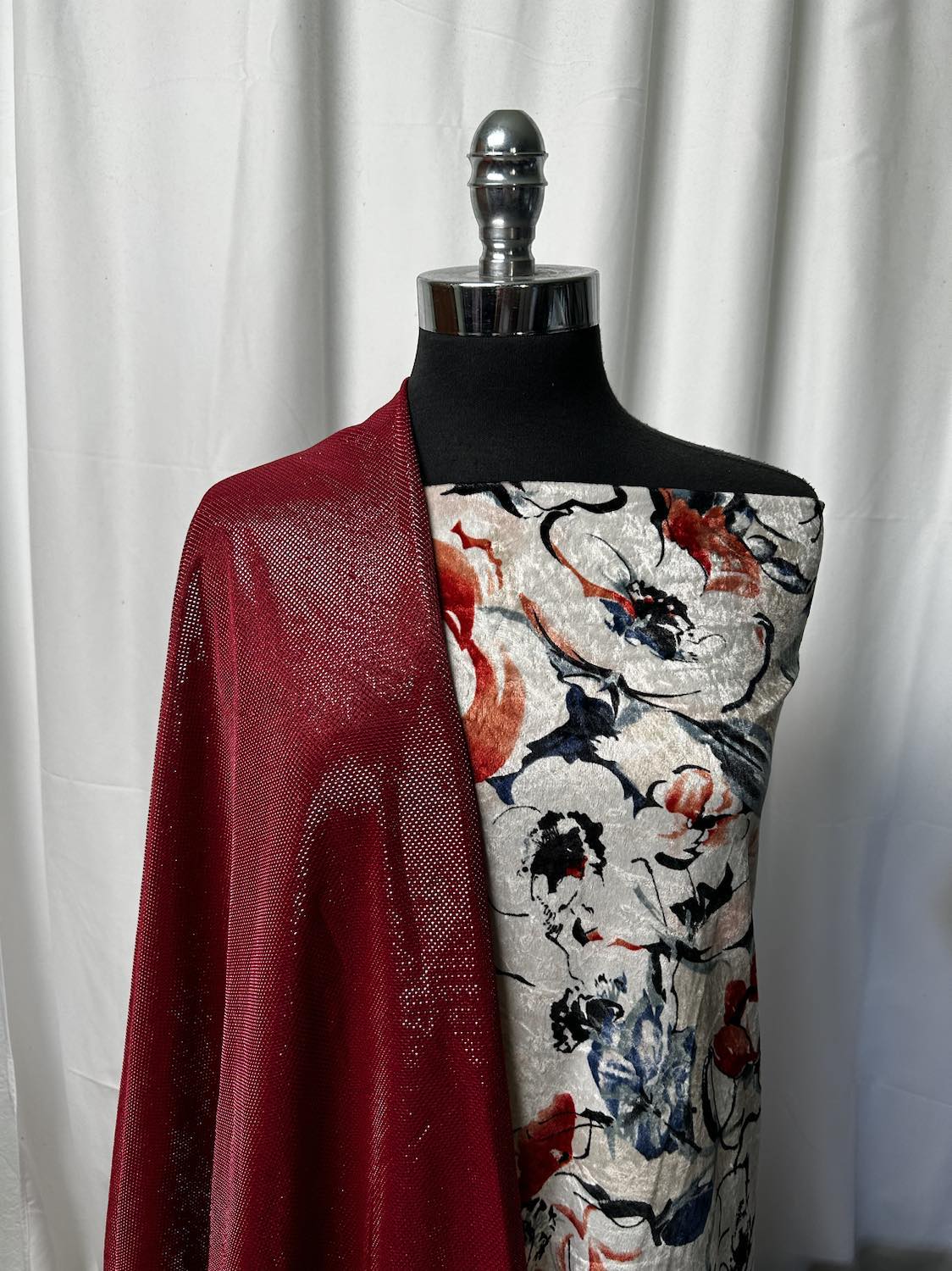 FLORAL VELVET BUNDLE : 2YD Floral Crushed Stretch Velvet & 1+YD Red Shiny ITY w/Mesh Overlay : A1552