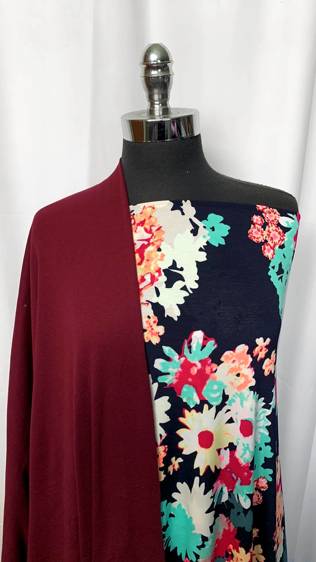 BURGUNDY/NAVY FLORAL BUNDLE : 3YD Navy Floral Bulgari & 2YD Burgundy Combed Cotton 1x1 Rib : A0948