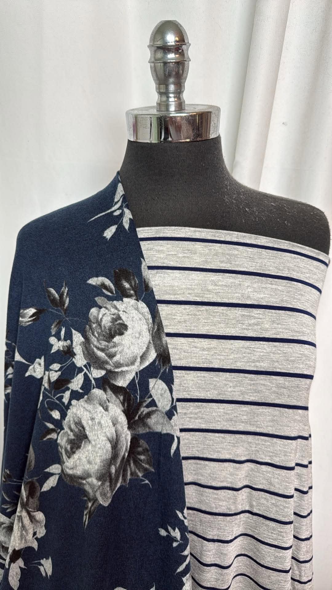 GREY STRIPE/NAVY FLORAL BUNDLE : 2YD Grey Stripe R/S & 4YD Navy Floral Brushed Hacci SK : A31025
