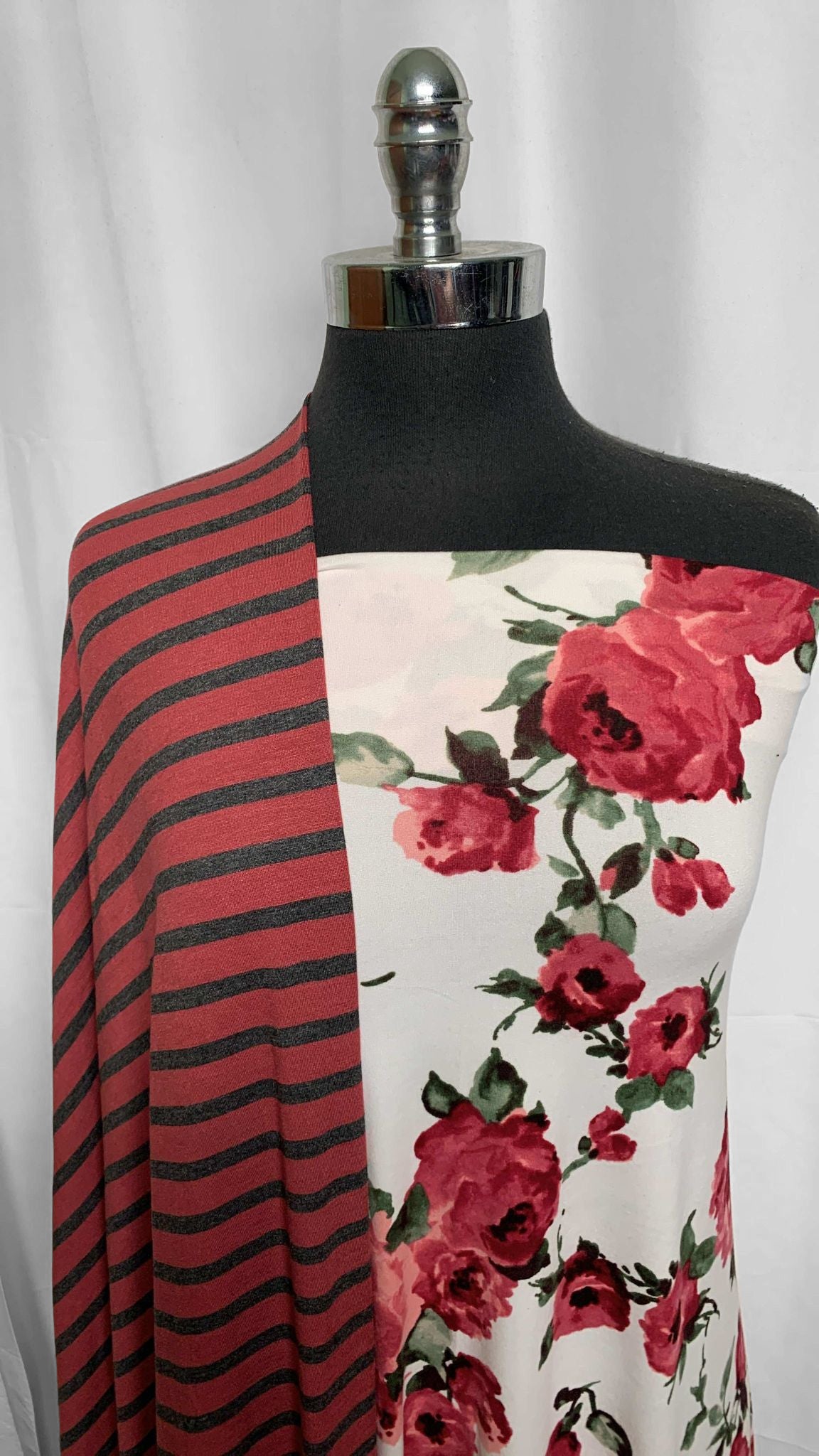 RED STRIPE/FLORAL BUNDLE : 1YD Ivory/Red Floral DBP & 2YD Stripe Bamboo : A25689