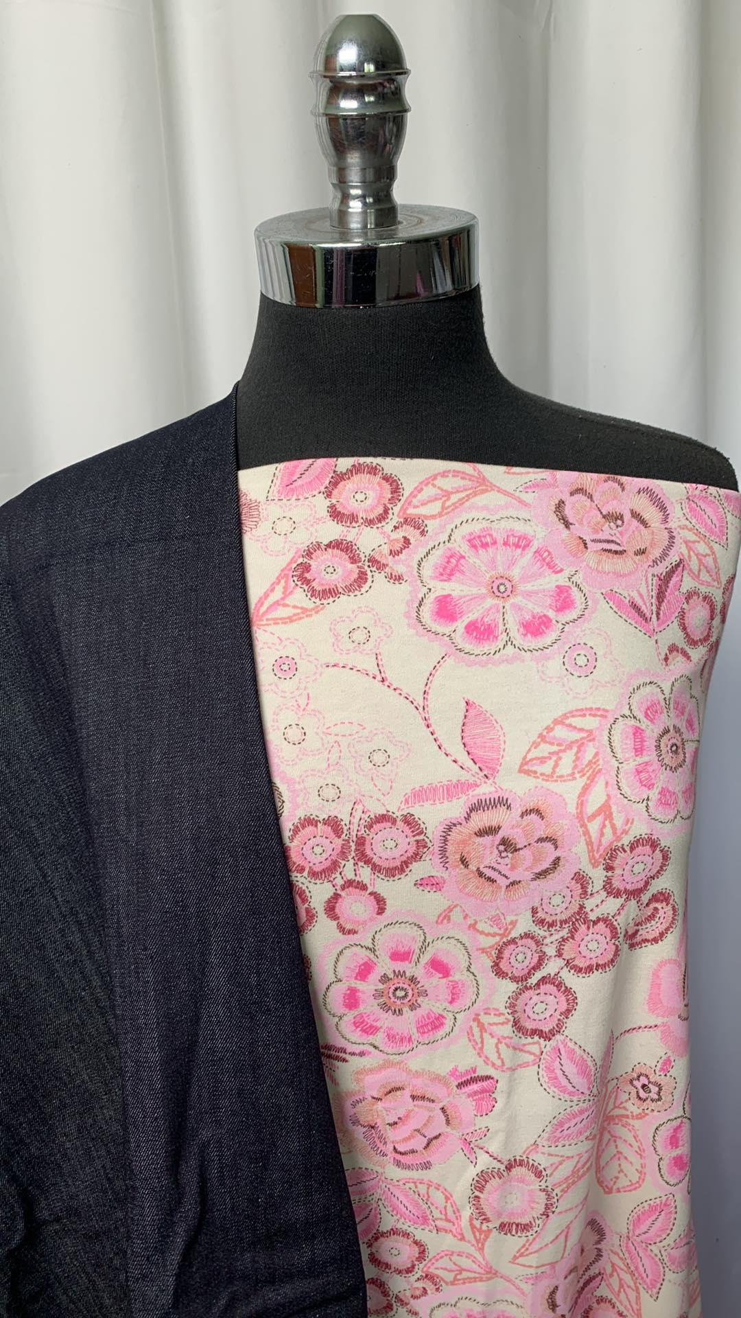PINK FLORAL DENIM BUNDLE : 1+YD Indigo Stretch Denim & 2YD Pink Floral Cotton Jersey : A1461