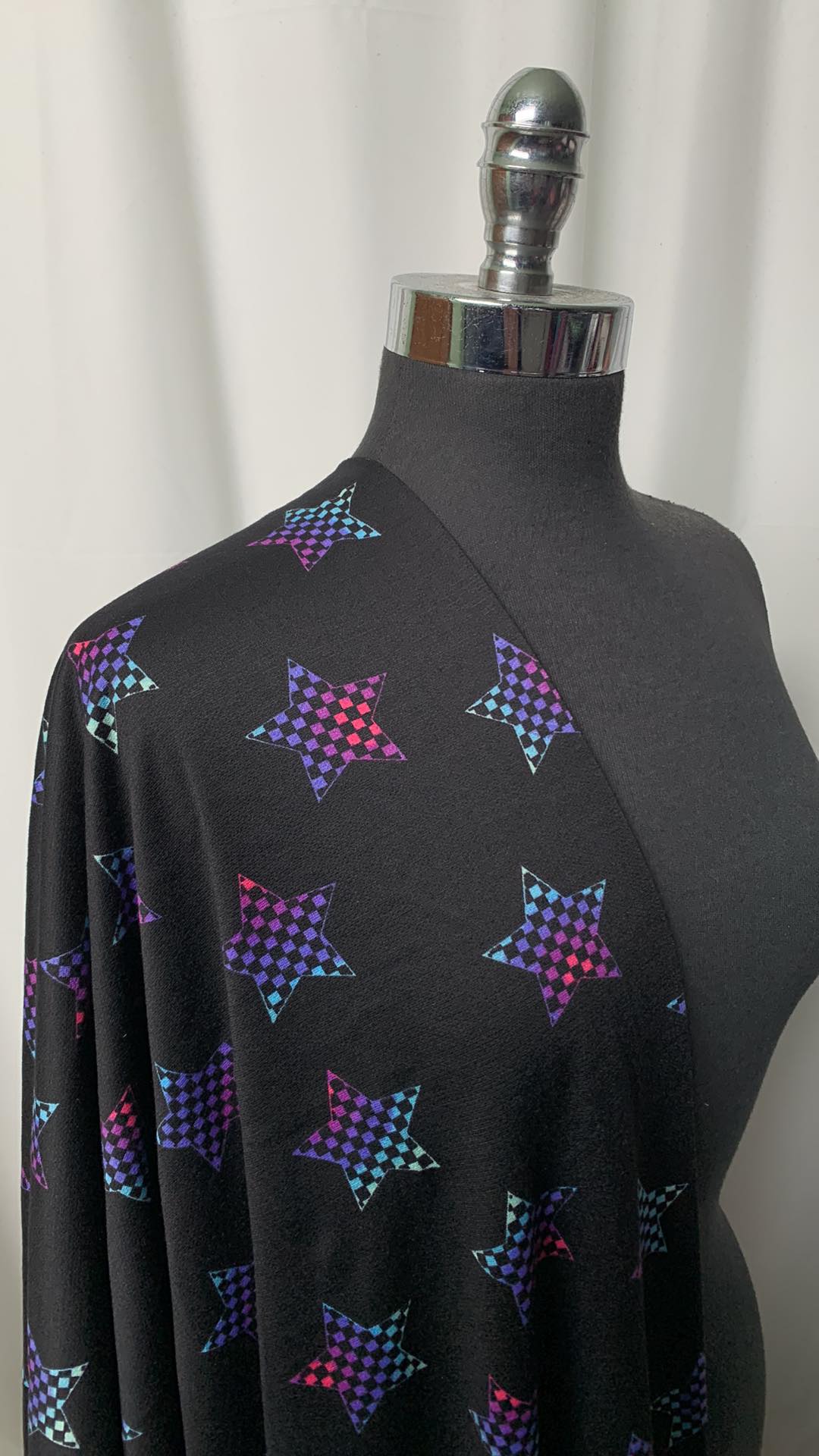 Black w/Rainbow Checker Stars - PRS French Terry - 2 Yard Cut