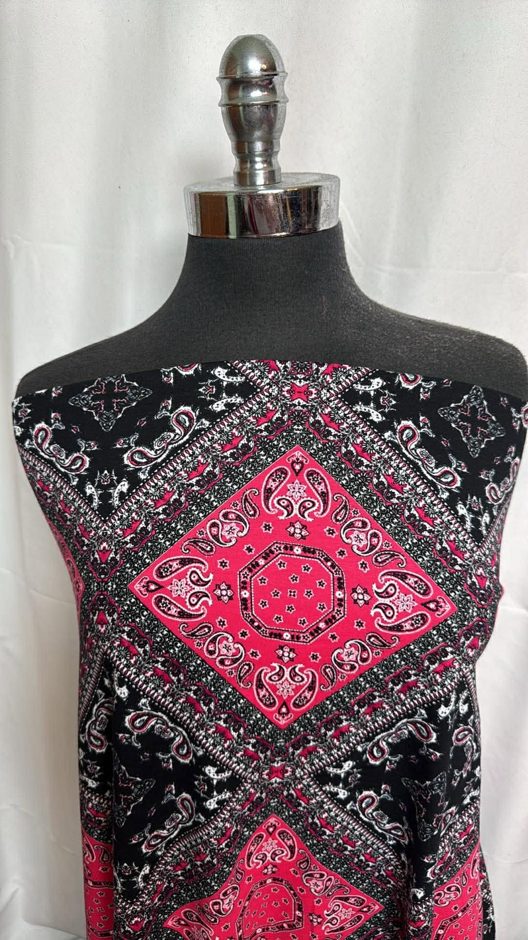 Deep Pink/Black Bandana - Cotton/Spandex - 2 Yard Cut