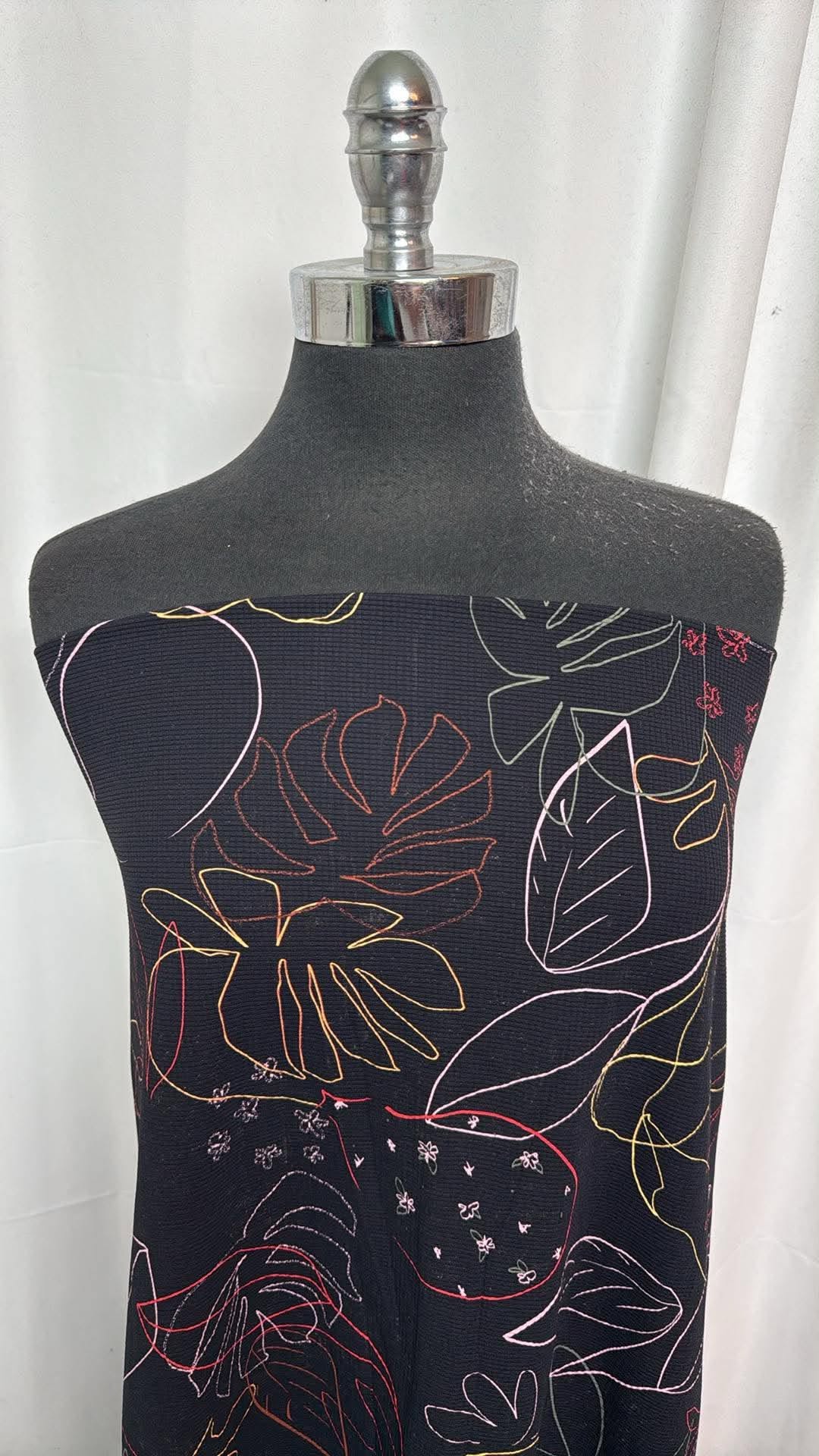 Black/Multi Textured Leaves - Nylon/Spandex Swim- 2 Yard Cut