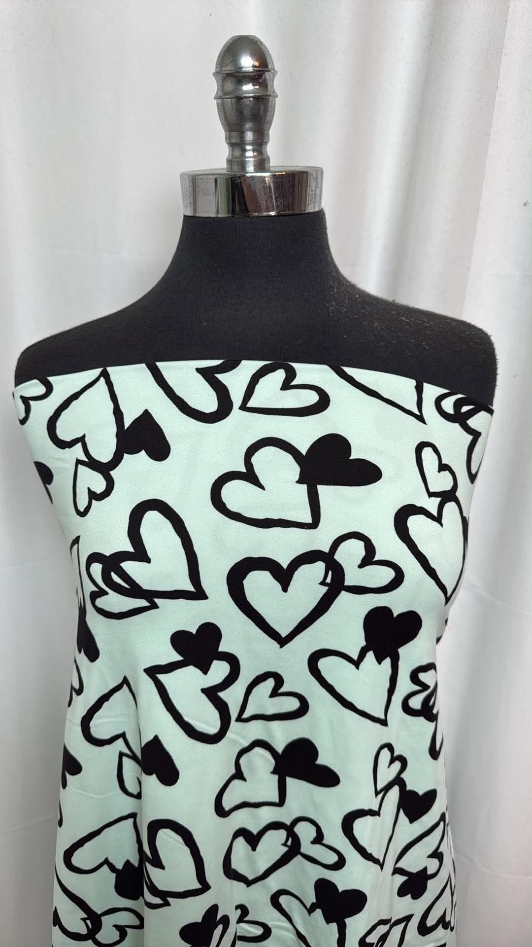 Mint/Black Hearts - Double Brushed Poly Spandex- 2 Yard Cut
