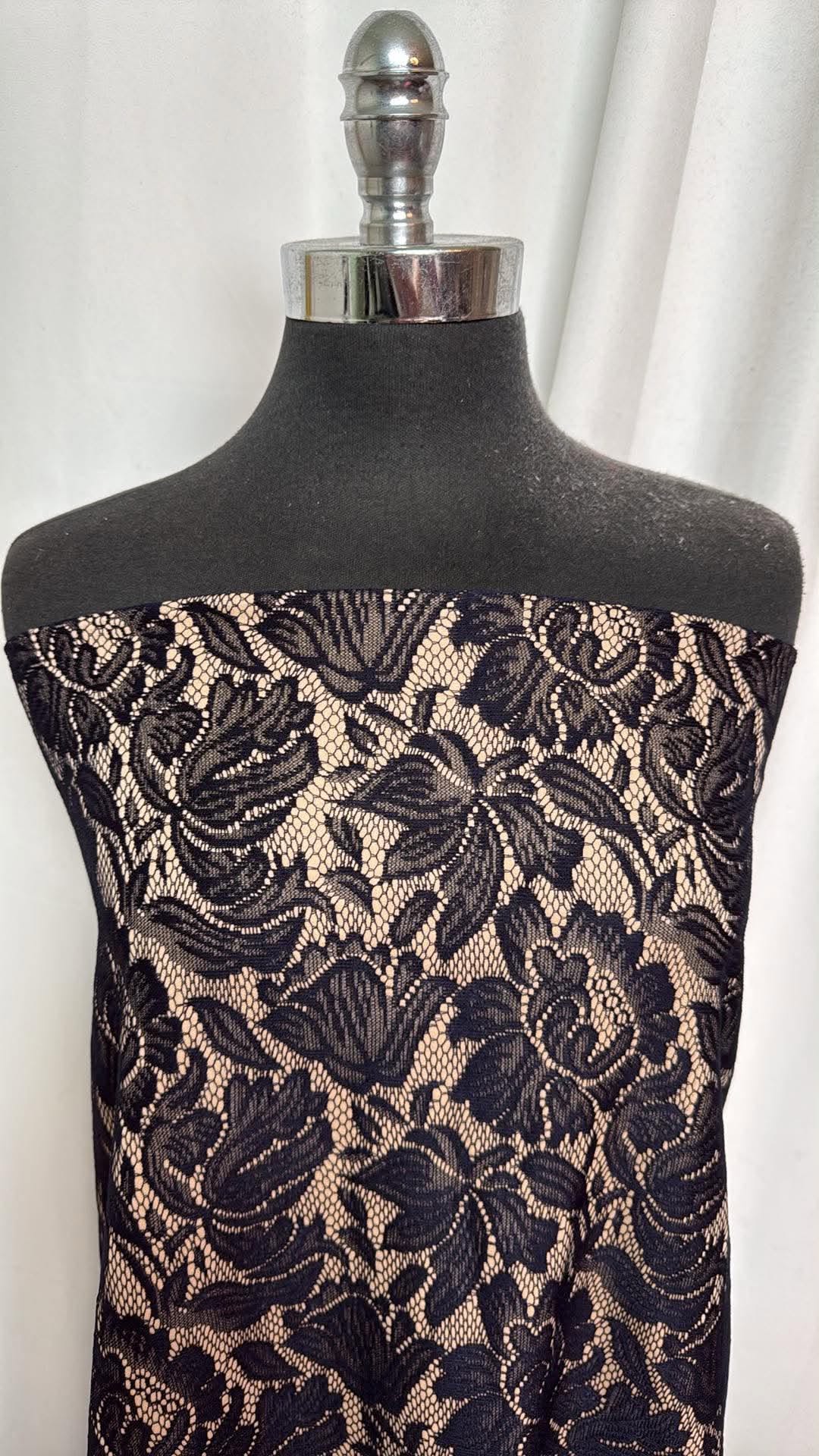 Navy Lace Bonded to Nude Lining (No Stretch) - 2 Yard Cut