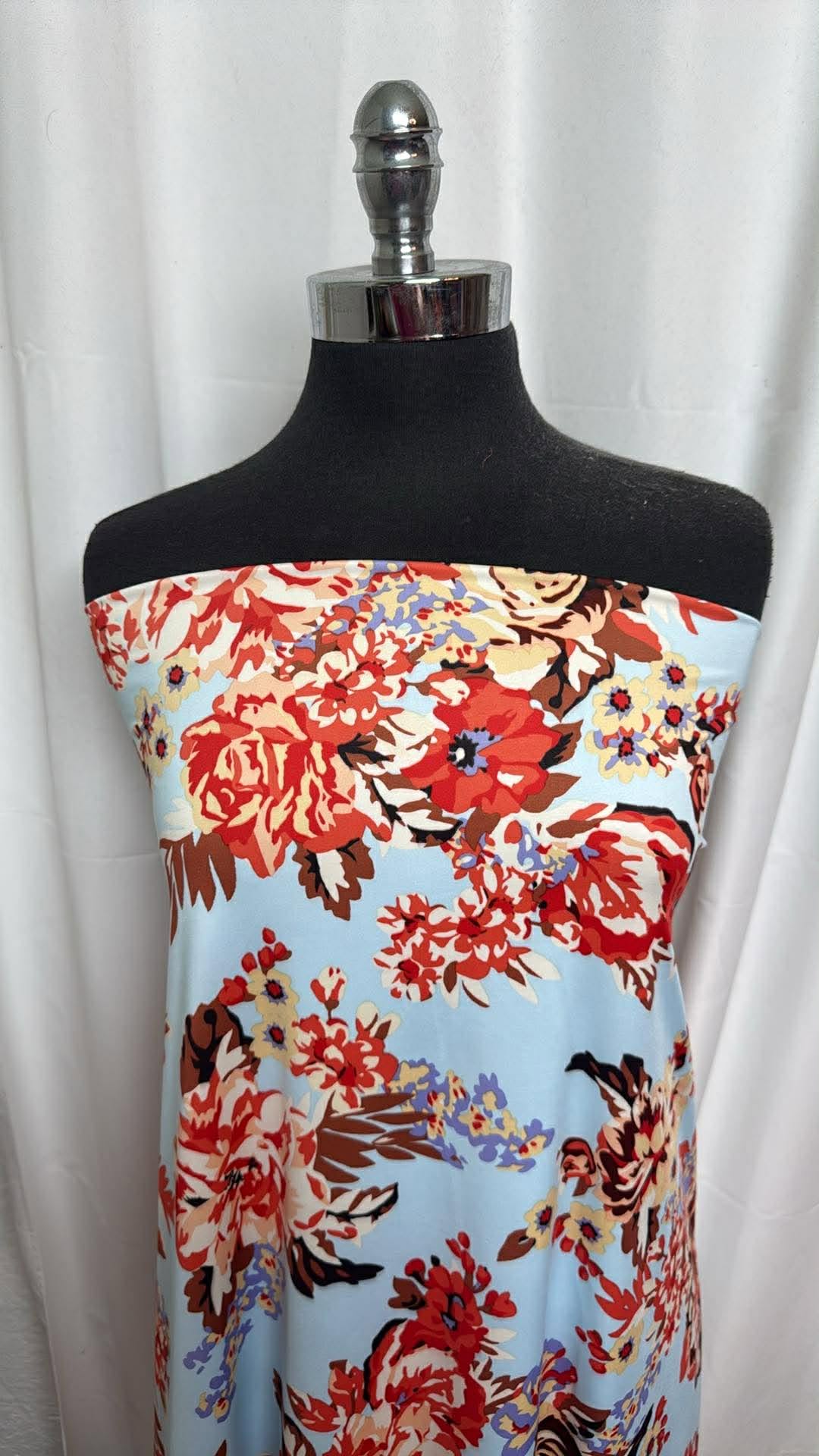 Light Blue/Red/Brown Floral - Nylon/Spandex Swim - 2 Yard Cut
