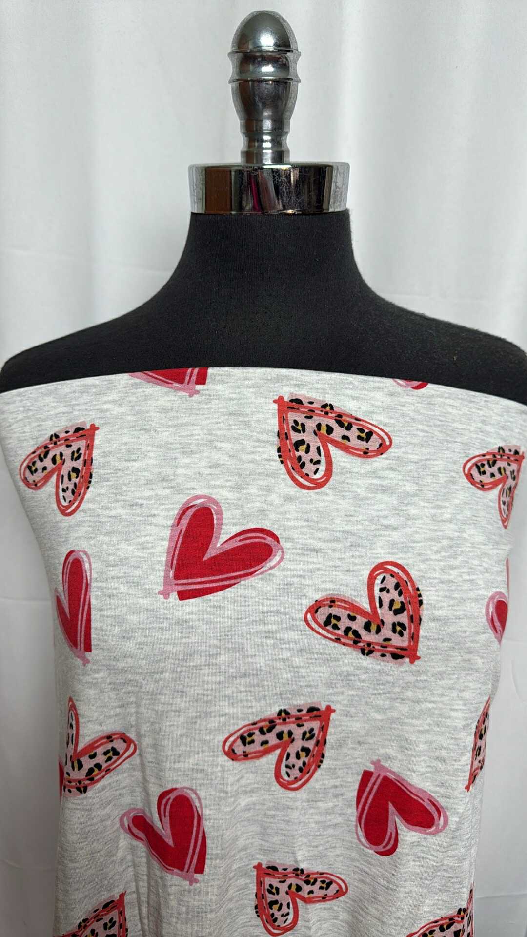Heather Grey Leopard Hearts - PRS French Terry - 2 Yard Cut