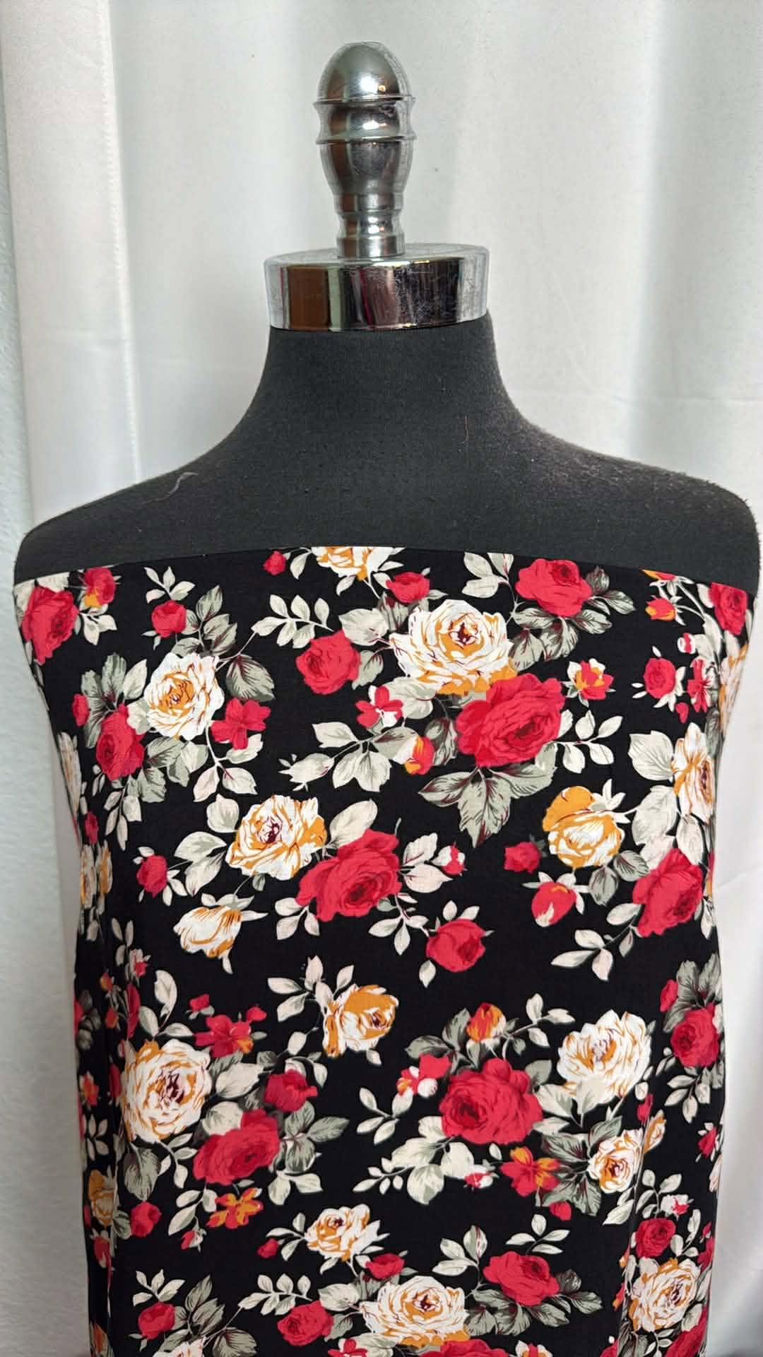 Black/Red/Gold Floral - Rayon Challis - 2 Yard Cut