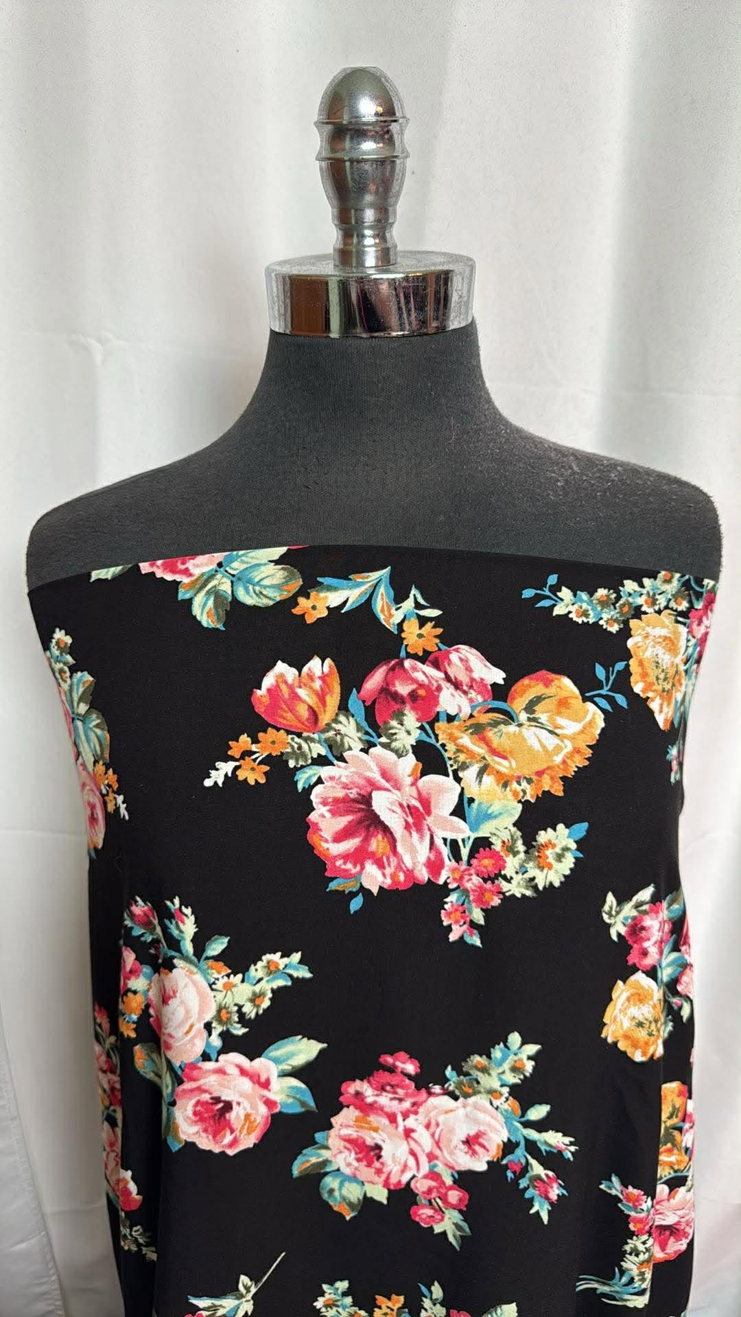 Black Floral - Rayon Challis - 2 Yard Cut