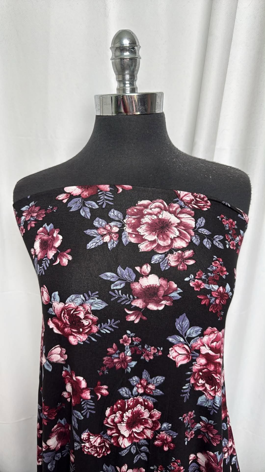 Black/Dusty Rose Floral - Rayon/Spandex - 2 Yard Cut