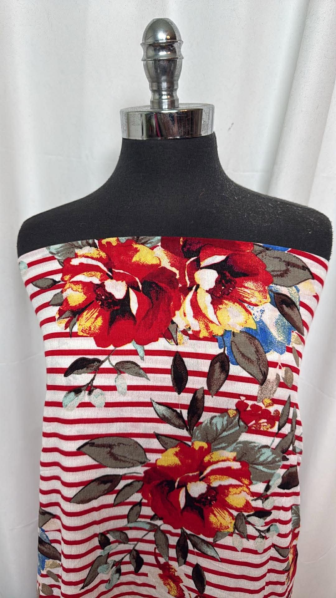 Red Floral/Stripe - Rayon Woven - 2 Yard Cut