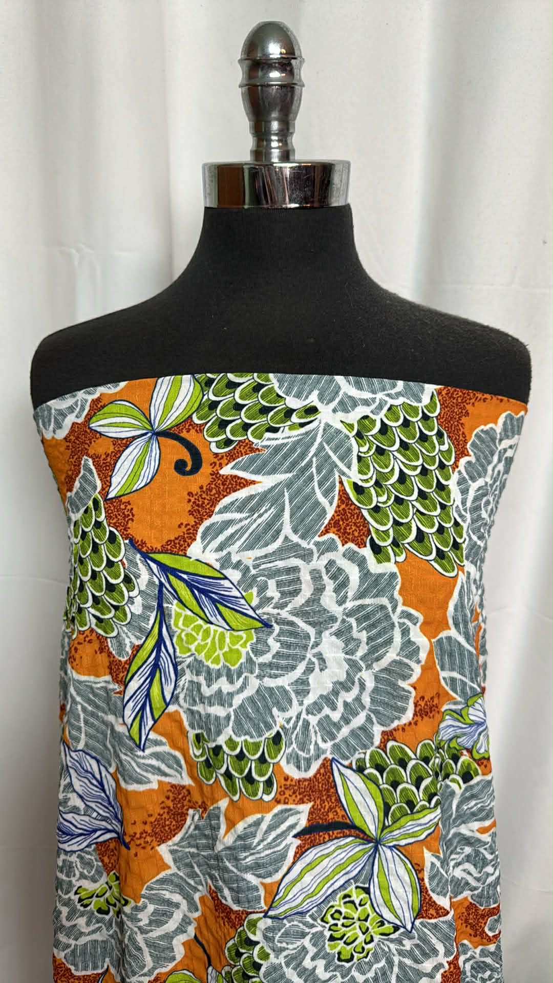 Orange/Grey/Green Floral -Textured Light-Weight Poly Woven - 2 Yard Cut