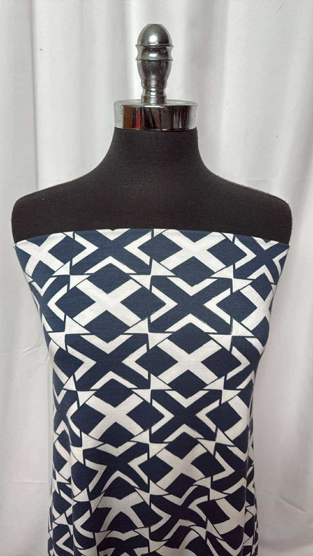 Navy/Ivory Geo X - Bamboo Spandex - 2 Yard Cut