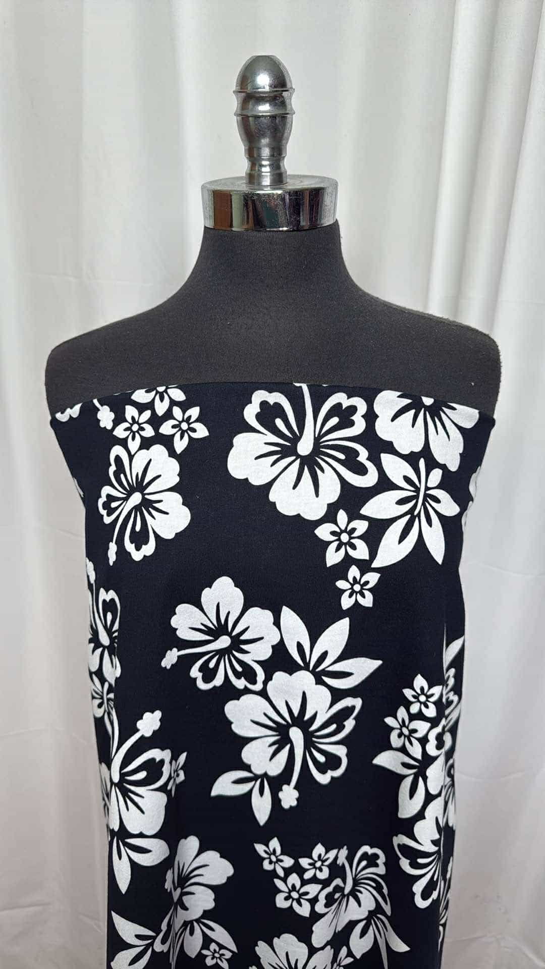 Dark Navy/White Tropical Floral - 100% Cotton Interlock - 2 Yard Cut