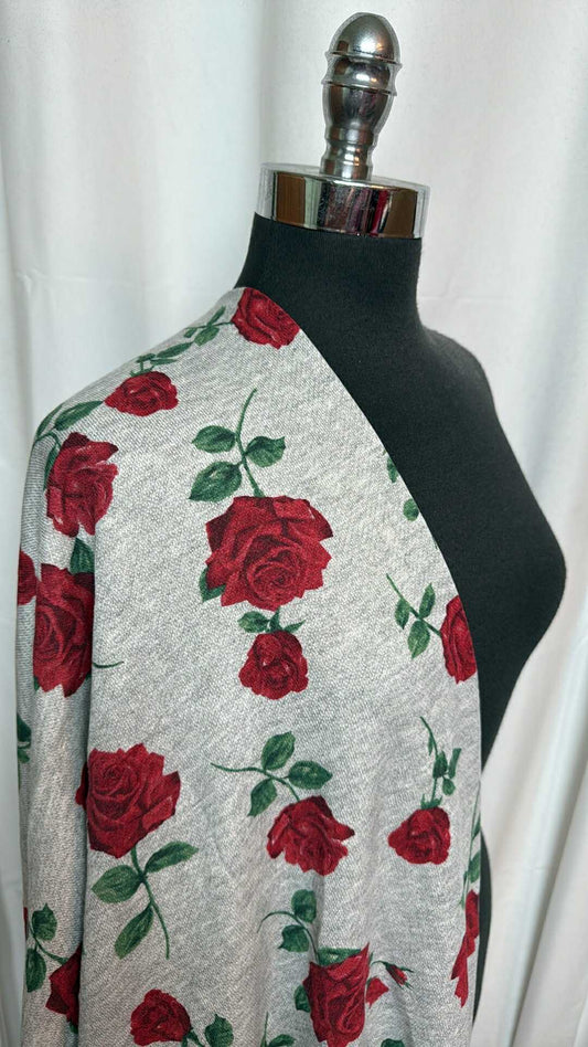 Heather Grey/Red Roses - Cotton-Blend French Terry - 2 Yard Cut