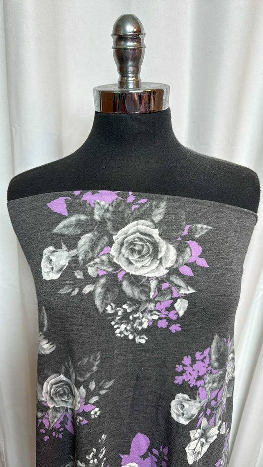 Charcoal Grey/Purple Floral - PRS French Terry - 2 Yard Cut