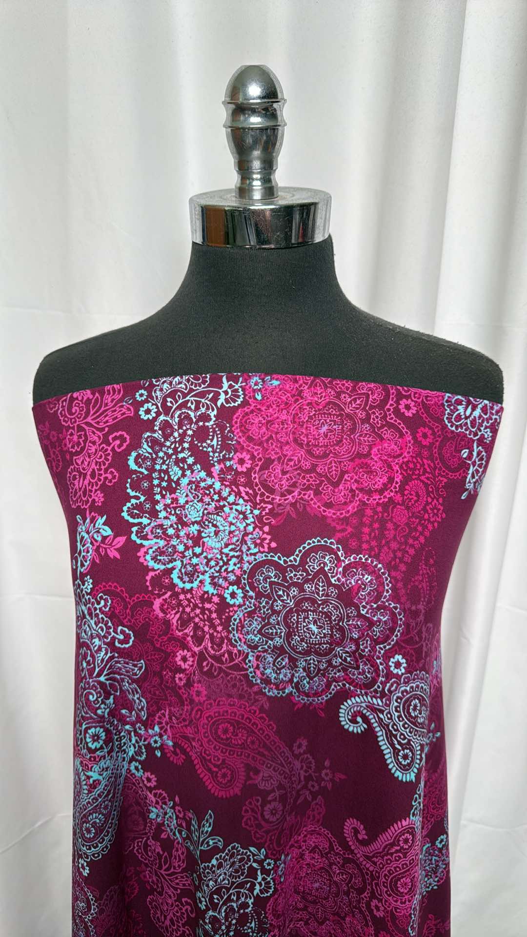 Fuchsia/Aqua Paisley - Double Brushed Poly Spandex - 2 Yard Cut