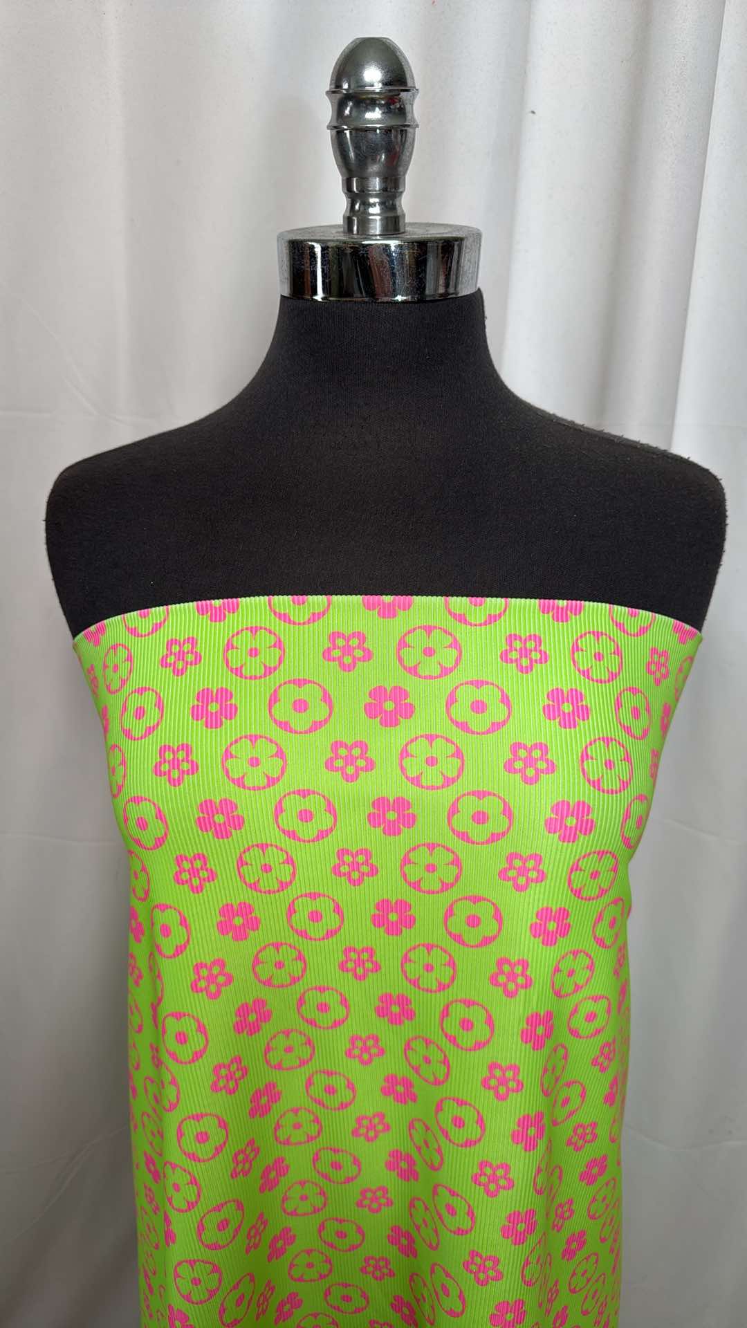 Neon Green/Pink Flowers - Ribbed Yoga Performance - 2 Yard Cut