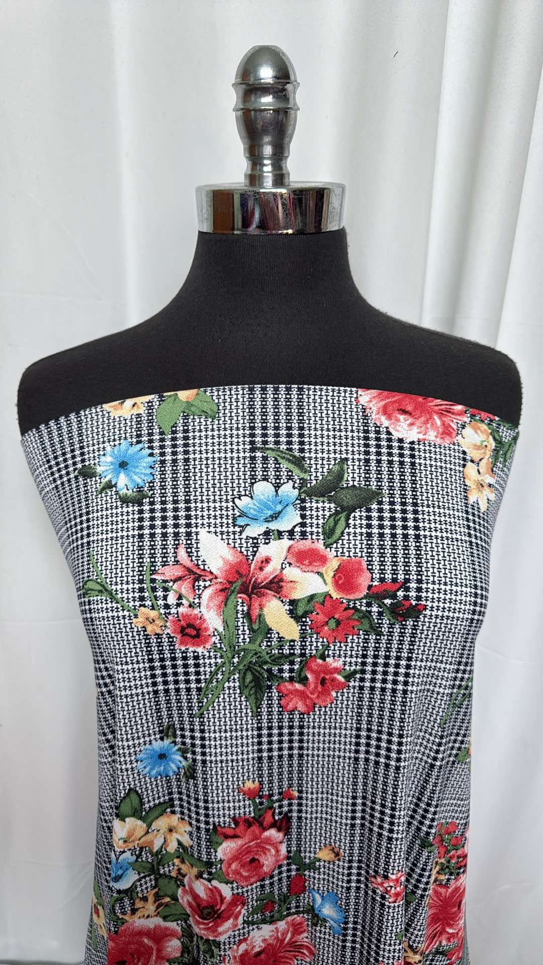 Navy Plaid/Floral - Poly Crepe Jersey - 2 Yard Cut