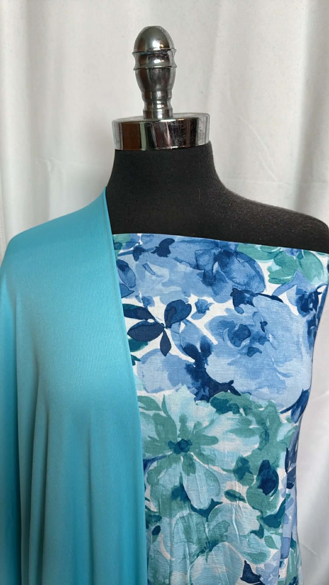 BLUE-GREEN FLORAL BUNDLE : 2YD Floral Modal/Spandex & 2YD Aqua P/S Rib : A29902