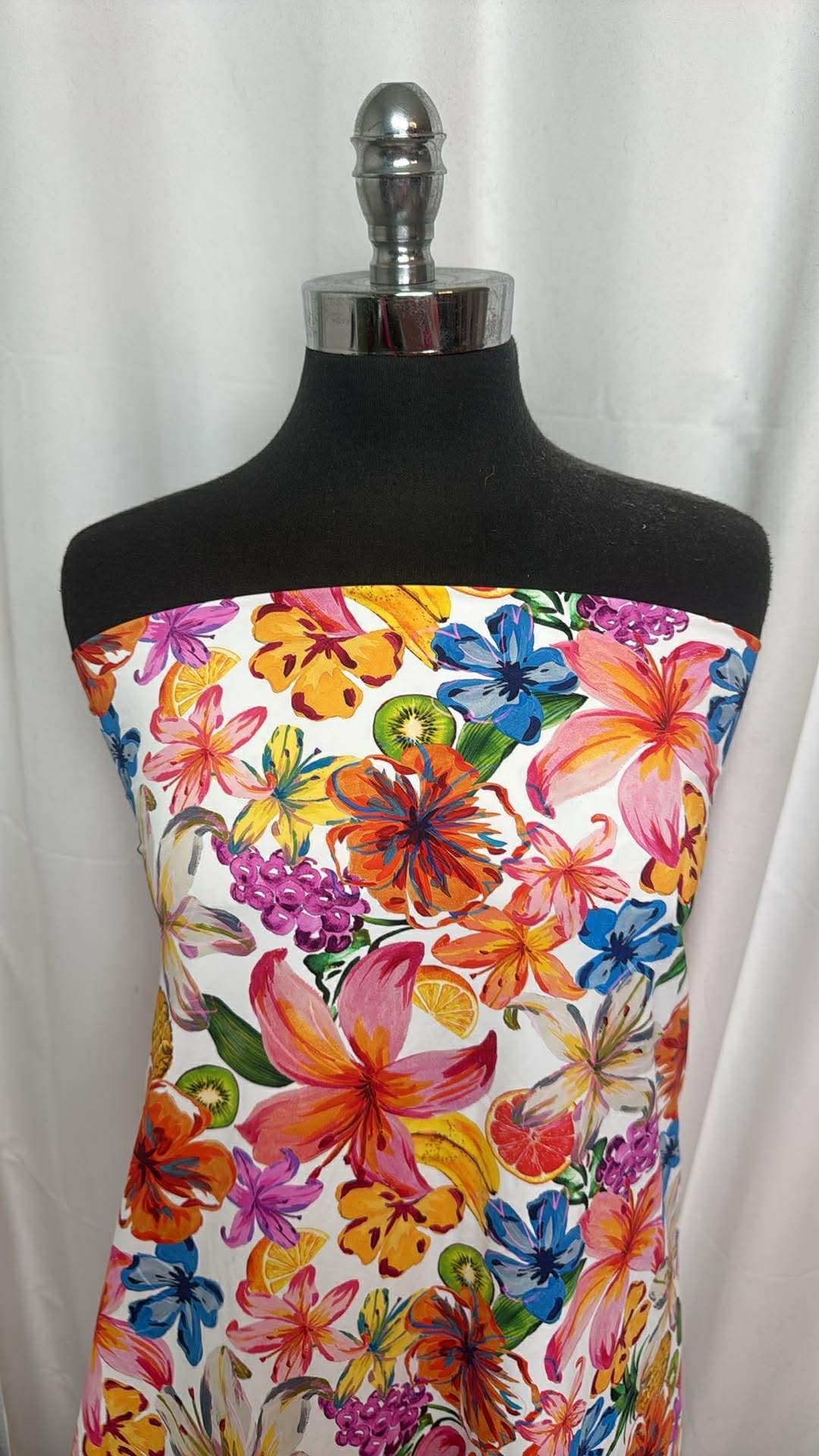 Floral/Fruit on White - Designer Nylon/Spandex Swim - 1 Yard Cut