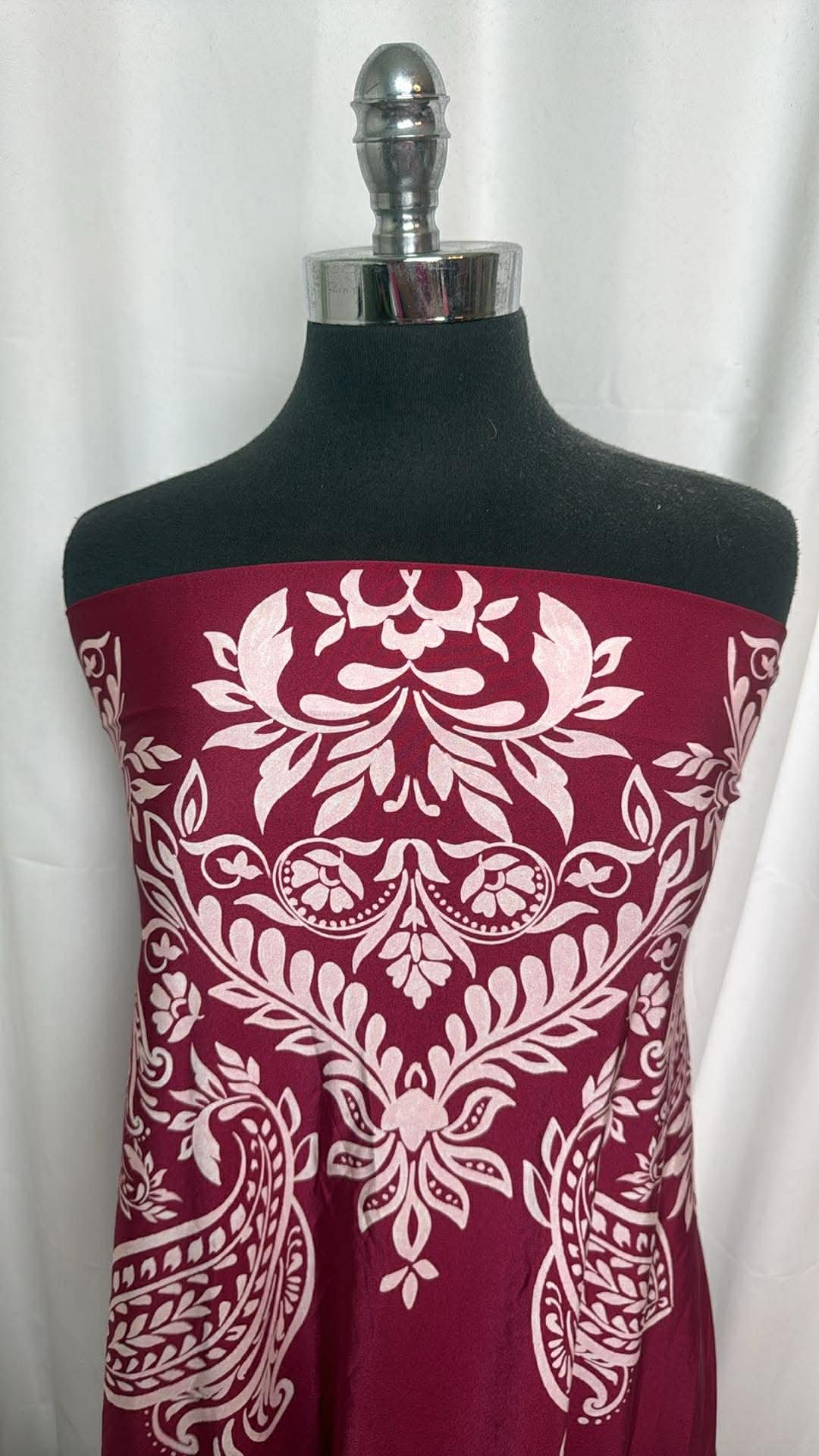 Double-Border Burgundy Large Paisley/Floral - Designer Nylon/Spandex Swim - 2 Yard Cut