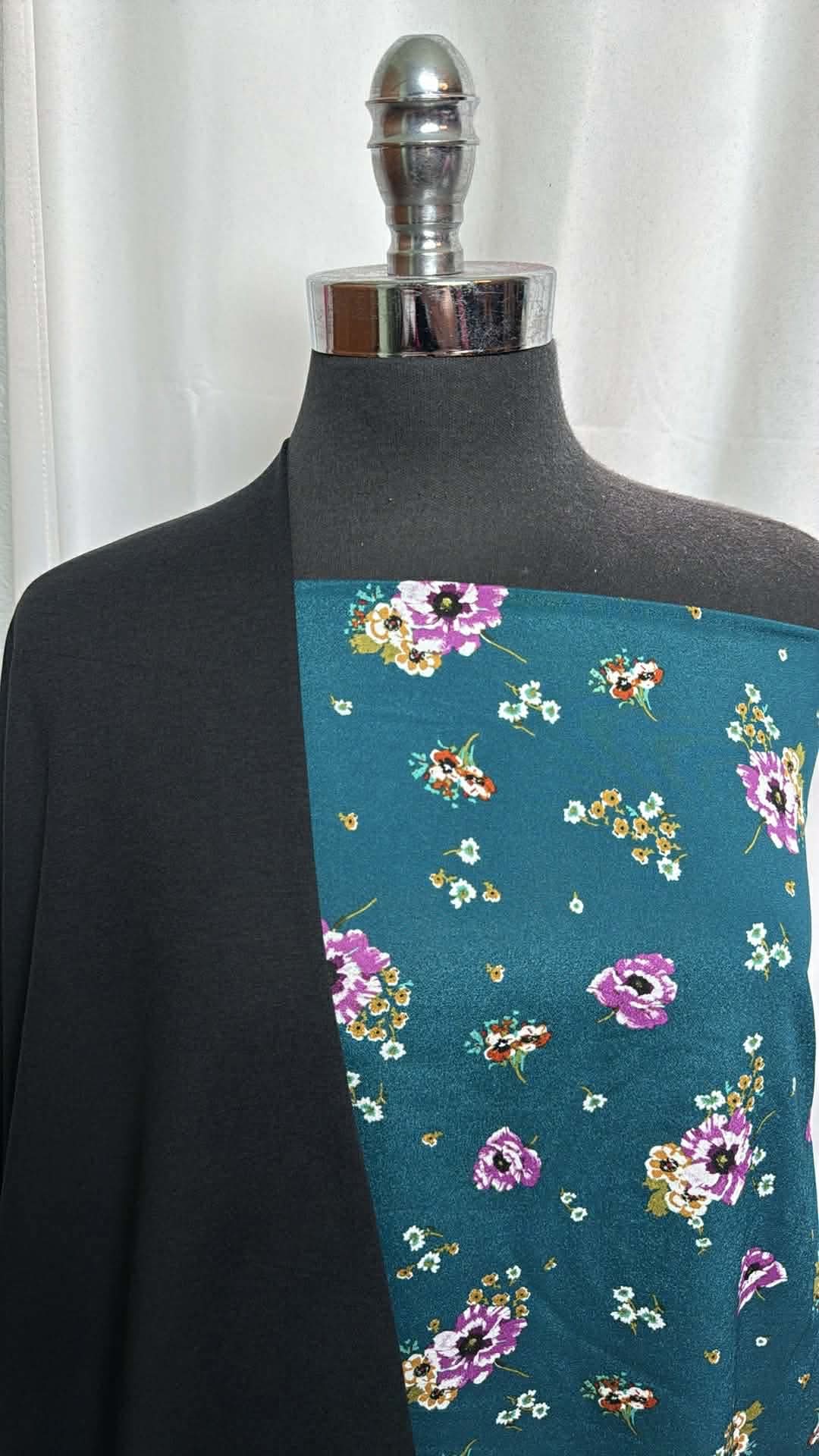 BLACK/TEAL FLORAL BUNDLE : 1+YD Black 2-Tone Peached PF & 2YD Teal Floral Poly Woven : A29812