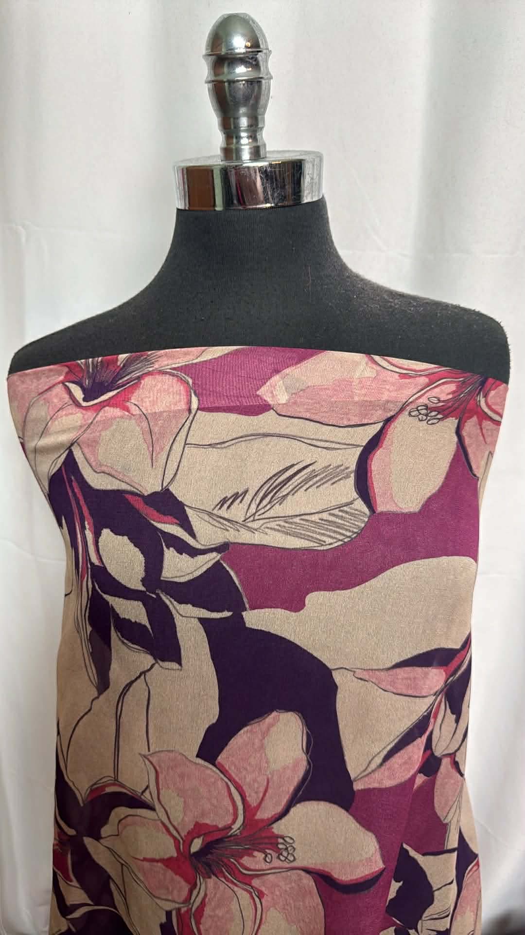 Fuchsia/Tan Floral - Poly Chiffon - 3 Yard Cut