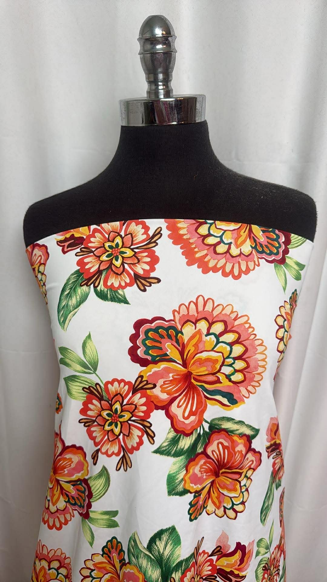 Folk Art Floral on White - Designer Nylon/Spandex Swim - 1 Yard Cut