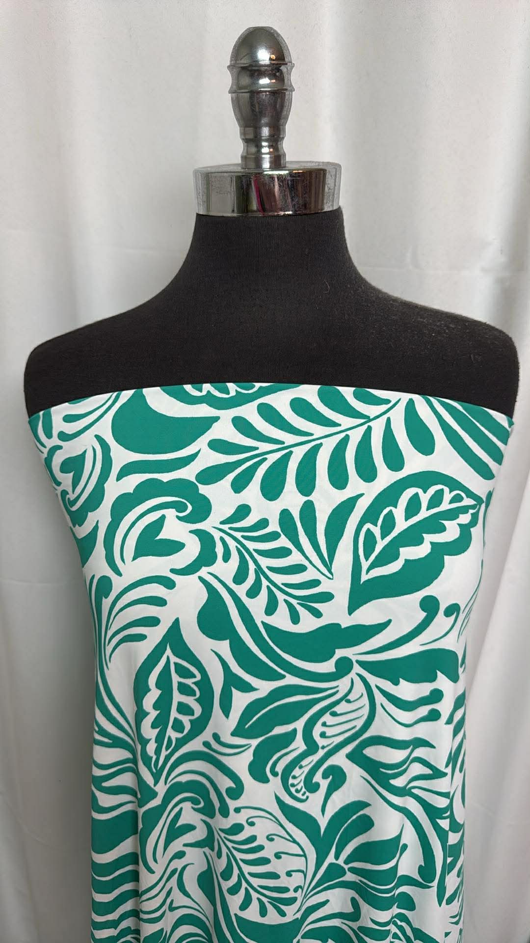 Green on White Leaves - Designer Nylon/Spandex Swim - 2 Yard Cut