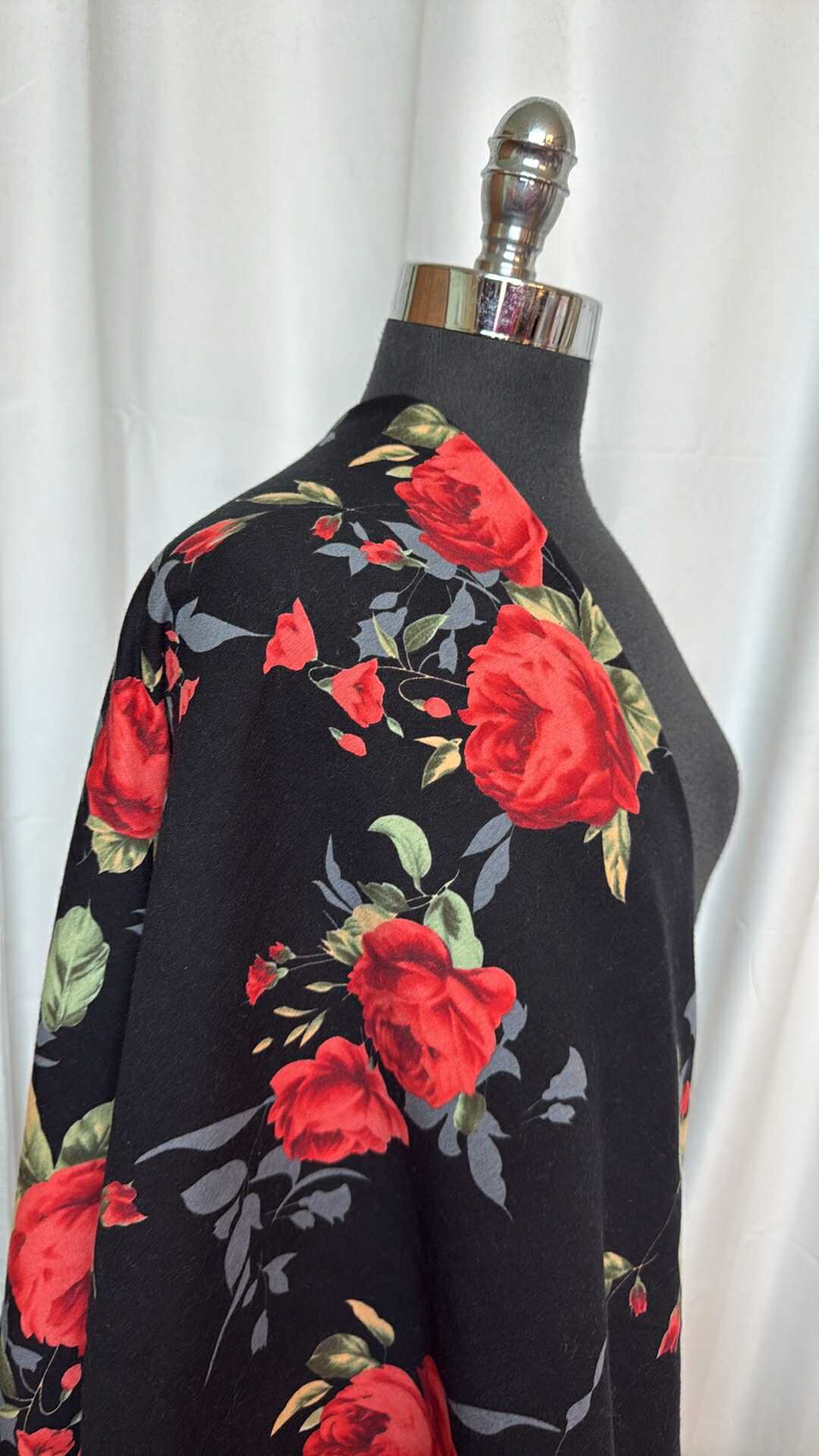 Black/Red Floral - Brushed Cotton/Spandex French Terry - By the Yard