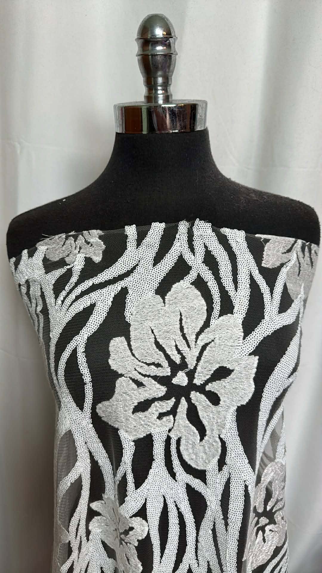 White Sequins on Tulle with Embroidery - 2 Yard Cut