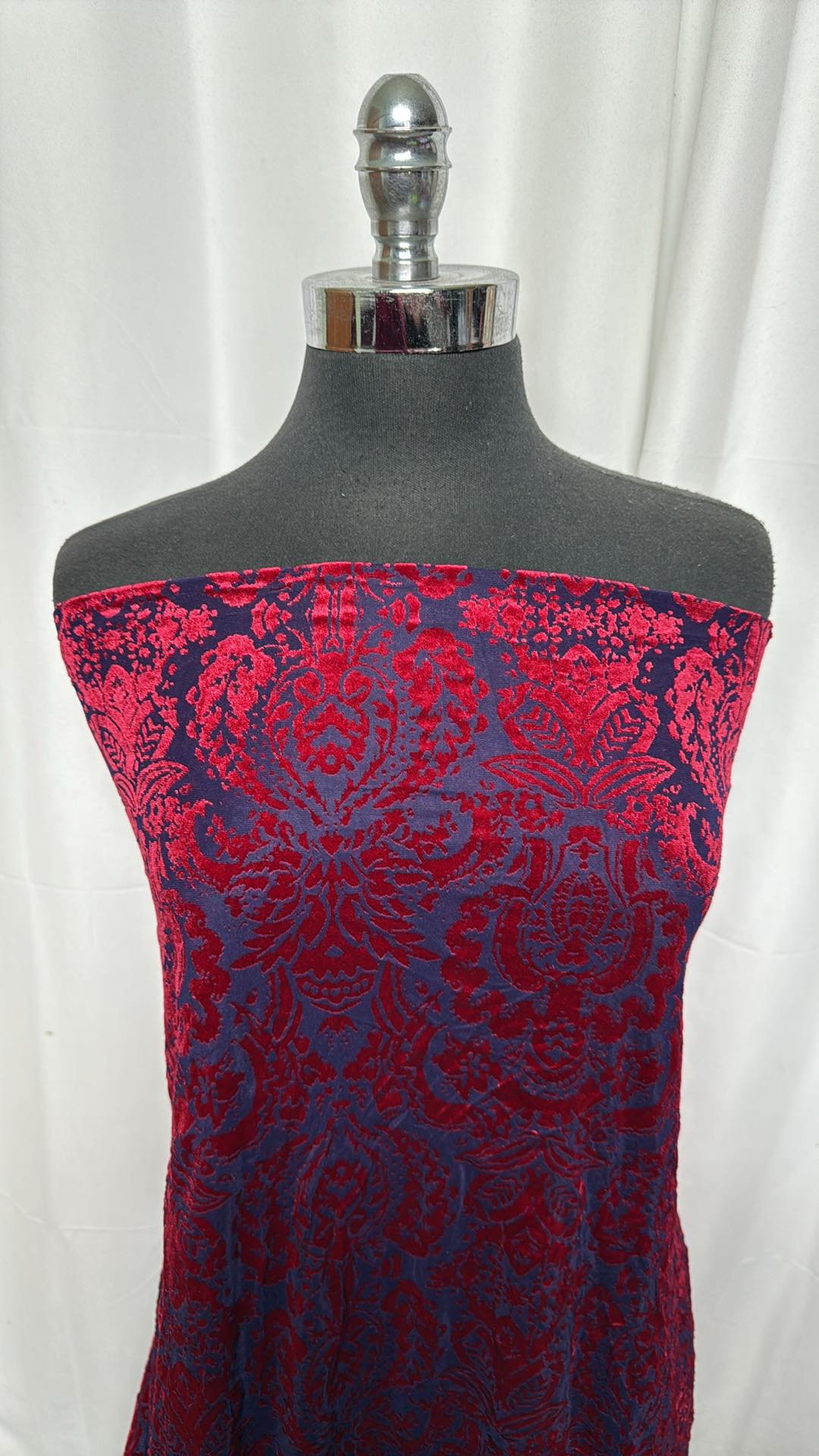 Red/Navy Paisley - 4-Way Velvet Burnout - 2 Yard Cut